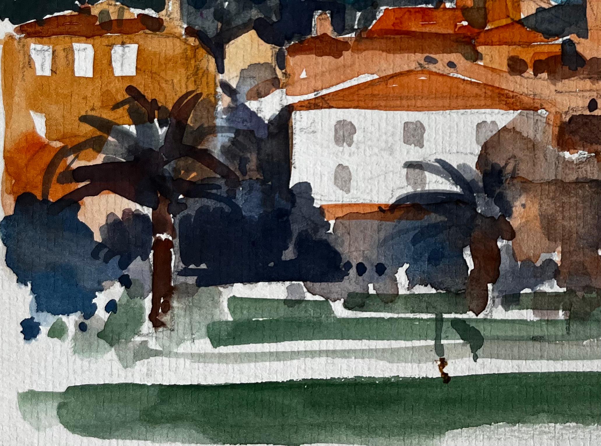 Título: Menton Paisaje urbano de la Riviera francesa con torres de iglesias y palmeras Pintura a la acuarela
Artista: Pierre Neveu (francés n.1929)
Técnica: Acuarela sobre papel de artista, sin enmarcar
Tamaño (A x A): 6 x 8,25 pulgadas
Firmado: