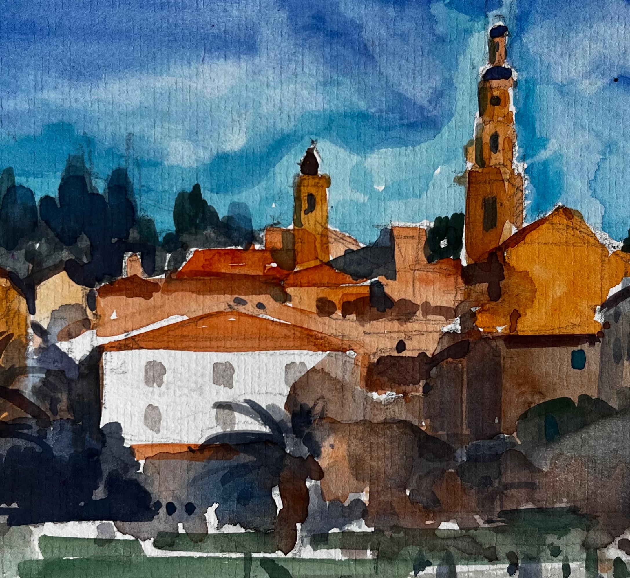 Paisaje urbano de la Riviera francesa de Menton con torres de iglesias y palmeras Acuarela en venta 2