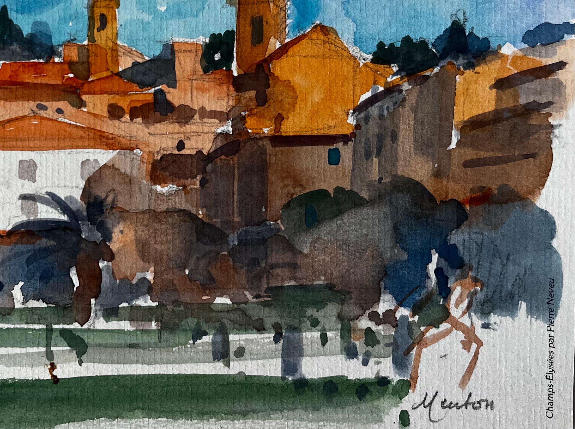 Paisaje urbano de la Riviera francesa de Menton con torres de iglesias y palmeras Acuarela - Landscape Art Gris de Pierre Neveu