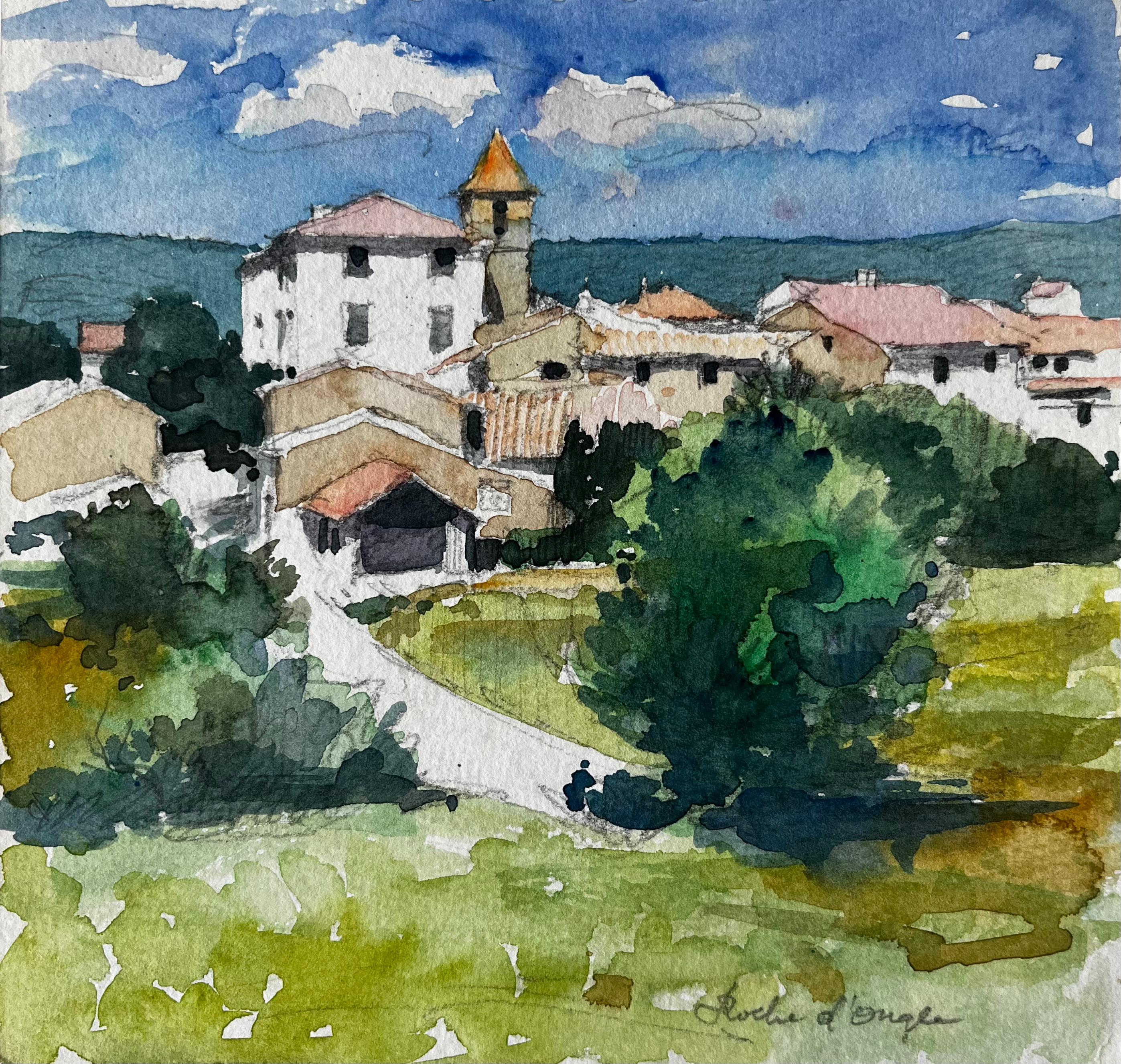 Roche d’Ouglas Village with Church Tower and Countryside French Watercolour