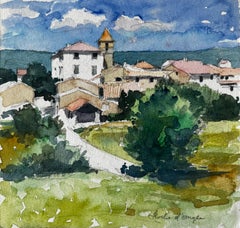 Roche d’Ouglas Village with Church Tower and Countryside French Watercolour