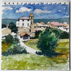 Roche d'Ouglas Pueblo con Torre de Iglesia y Campiña Acuarela Francesa