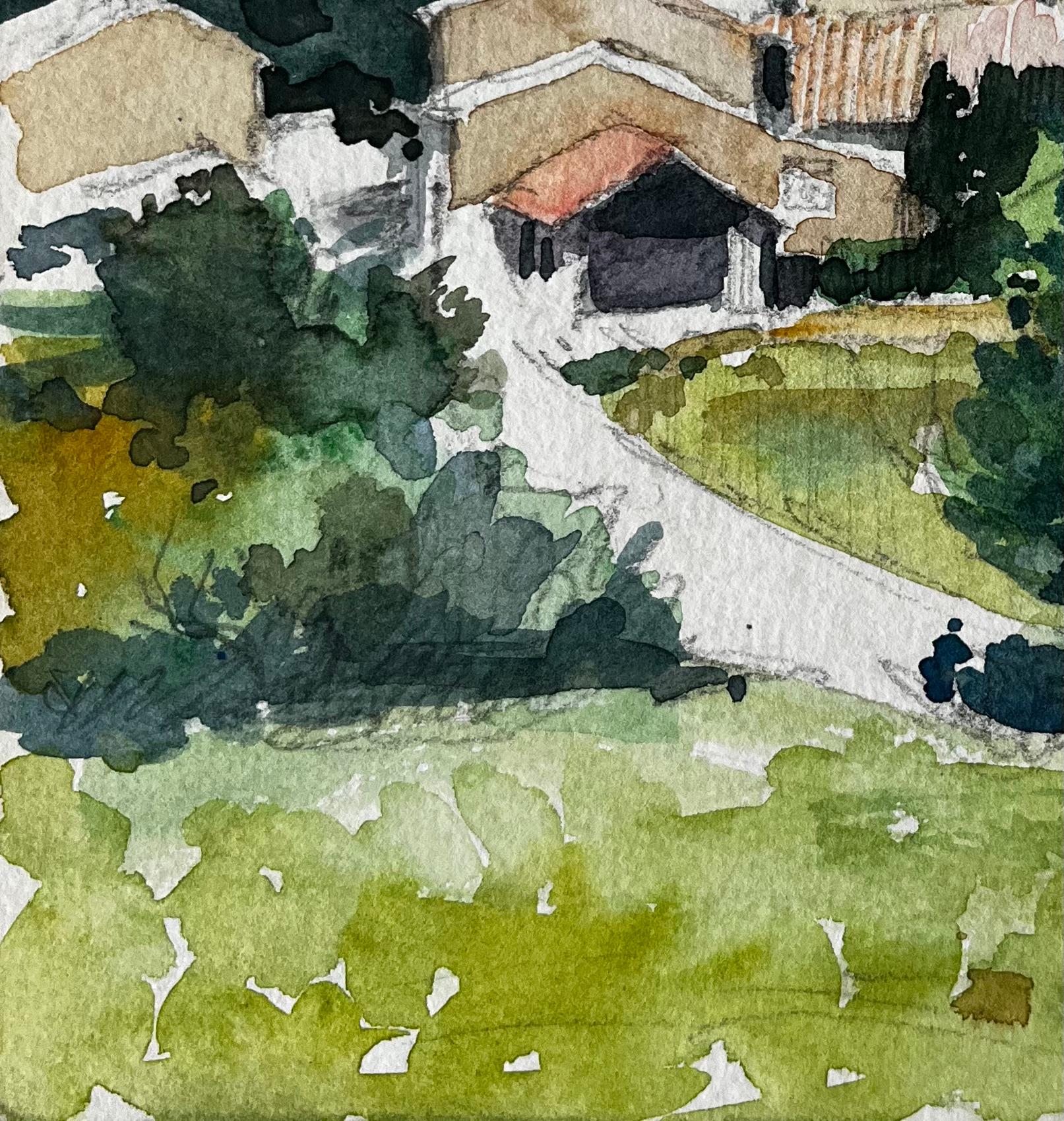 Roche d'Ouglas Pueblo con Torre de Iglesia y Campiña Acuarela Francesa - Landscape Art Gris de Pierre Neveu