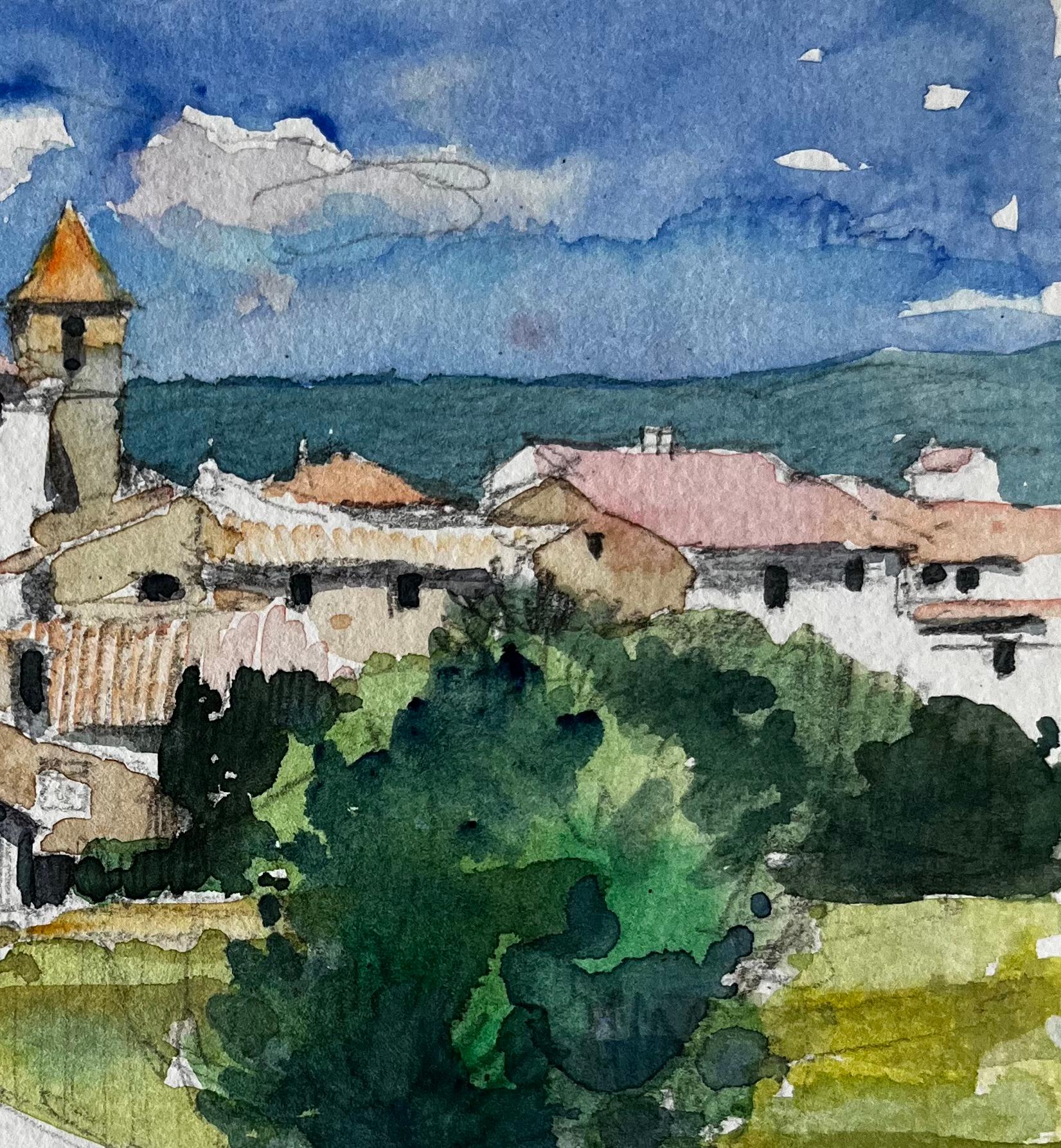 Roche d'Ouglas Pueblo con Torre de Iglesia y Campiña Acuarela Francesa en venta 1