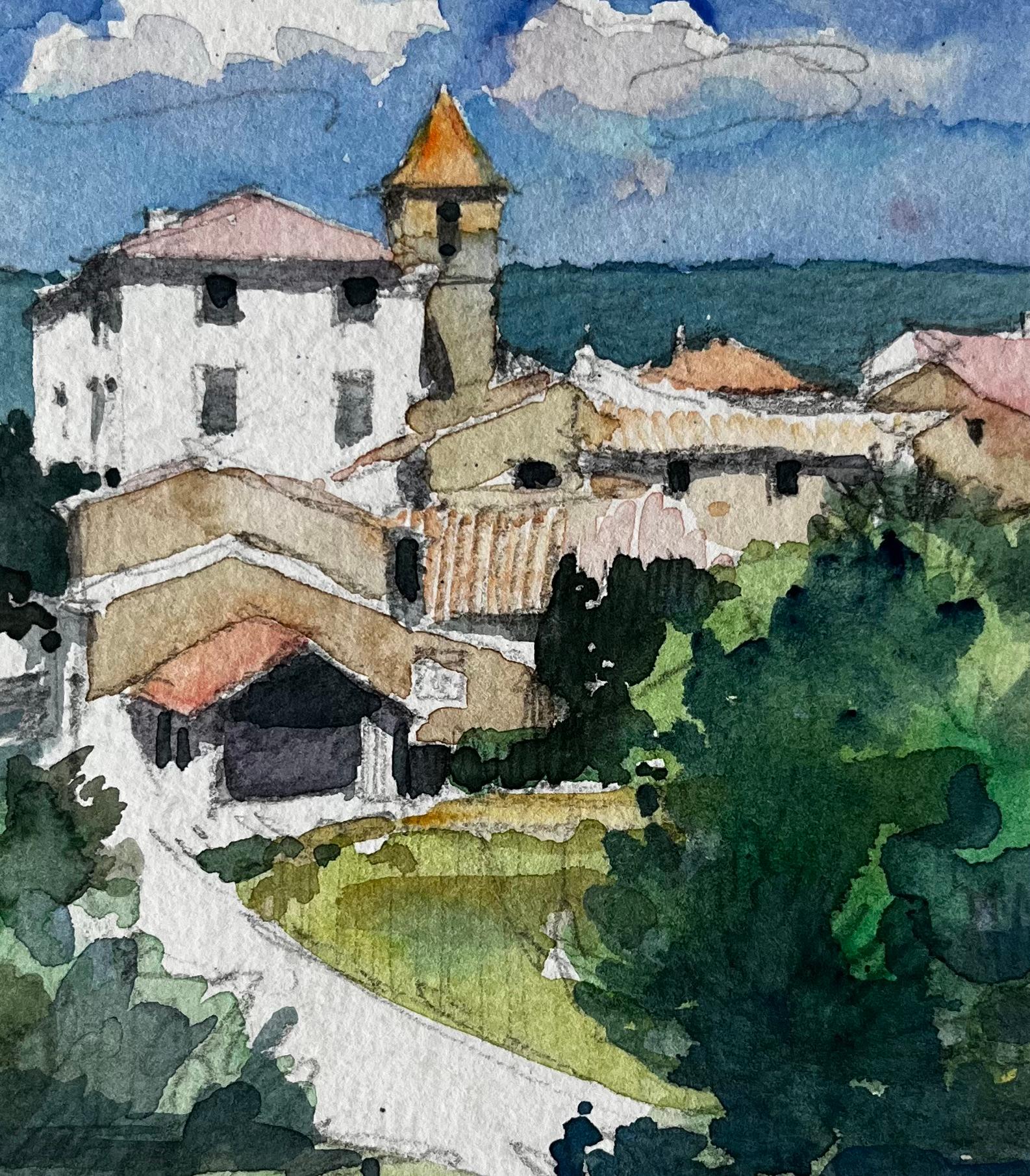 Roche d'Ouglas Pueblo con Torre de Iglesia y Campiña Acuarela Francesa en venta 2