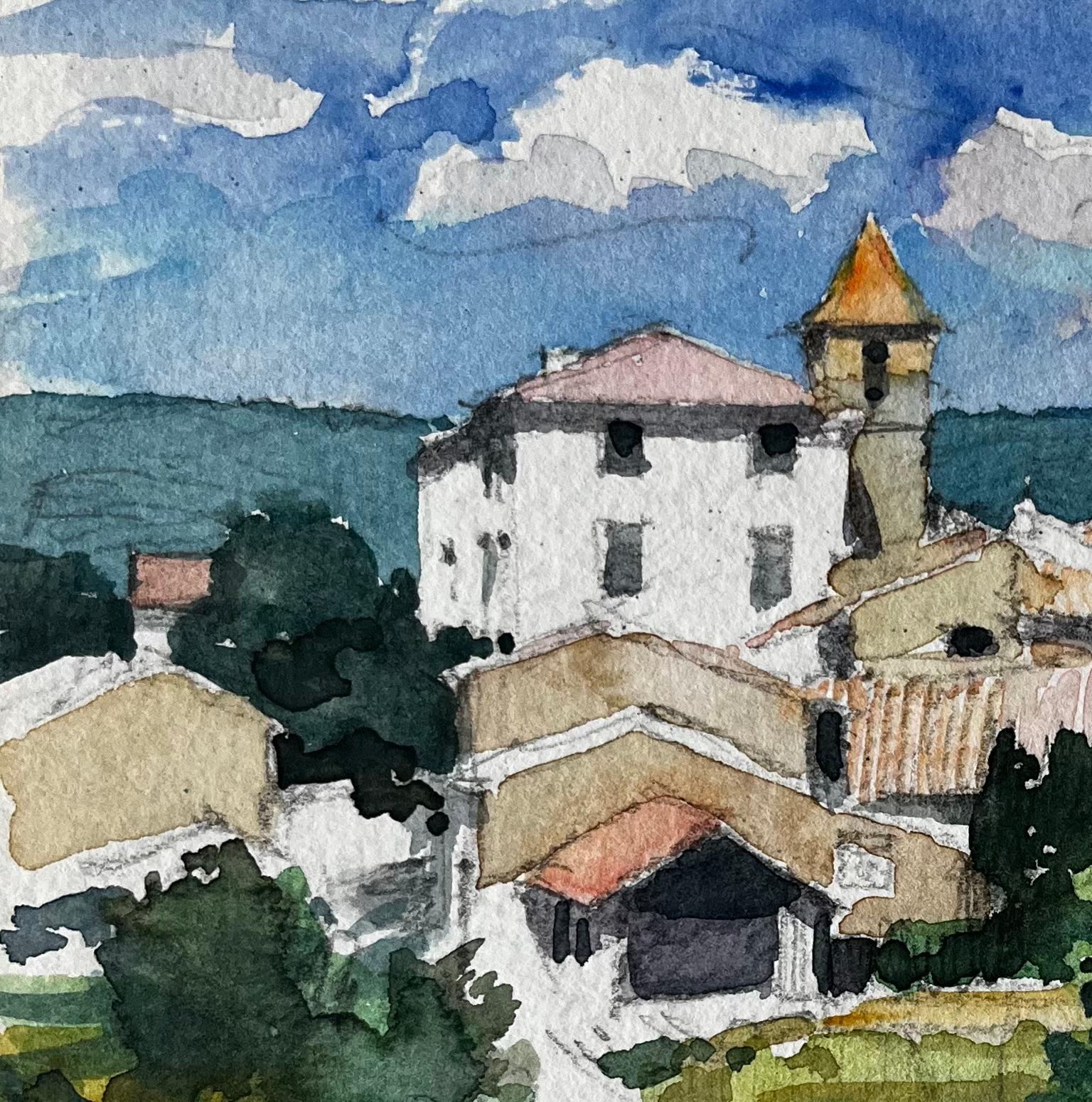 Roche d'Ouglas Pueblo con Torre de Iglesia y Campiña Acuarela Francesa - Art Posimpresionista de Pierre Neveu