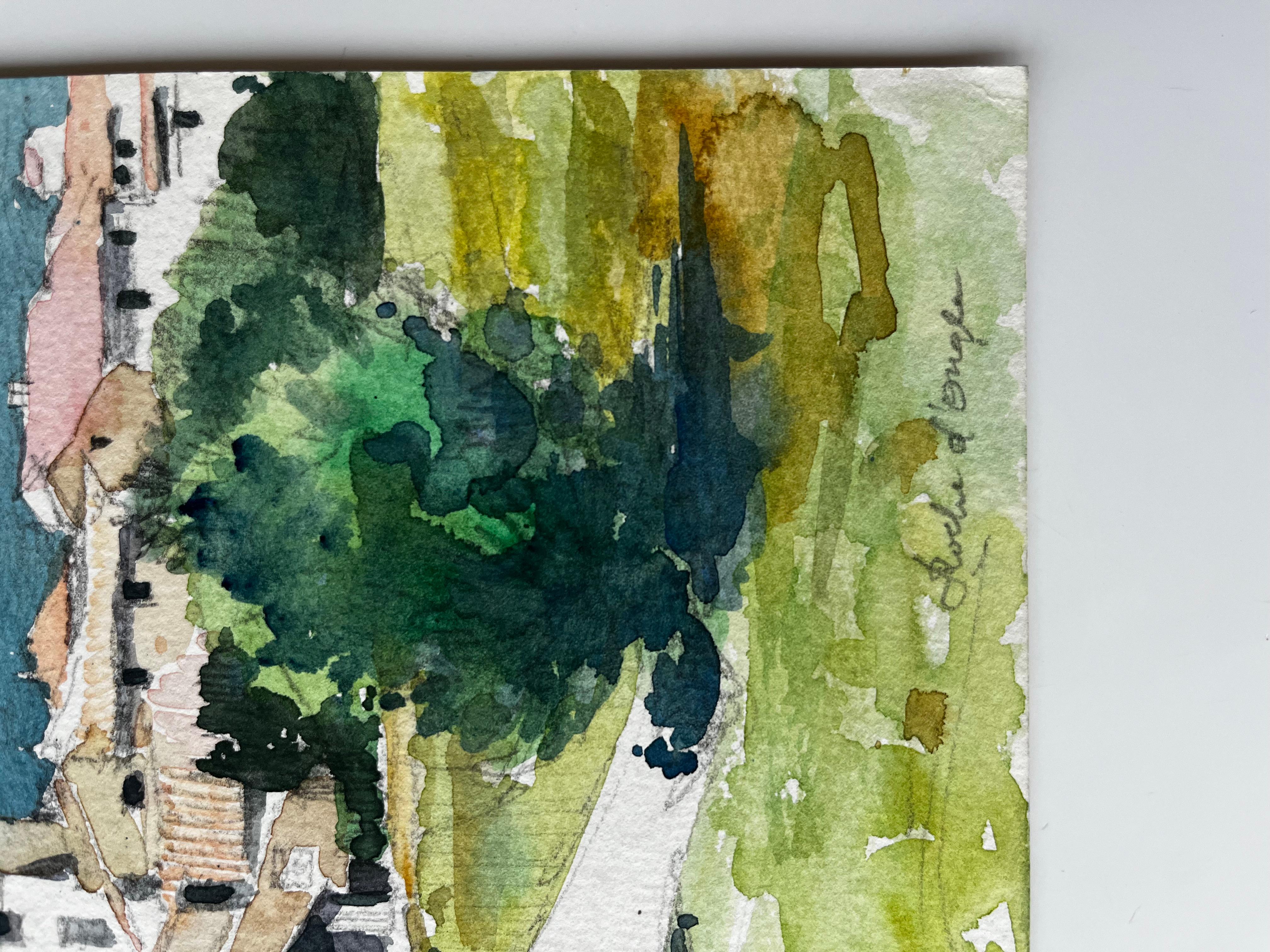 Roche d'Ouglas Pueblo con Torre de Iglesia y Campiña Acuarela Francesa en venta 3