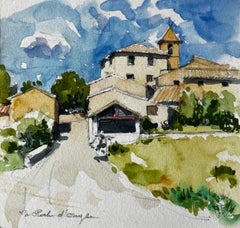 La Roche d’Ougla Village Street and Church French Countryside Watercolour