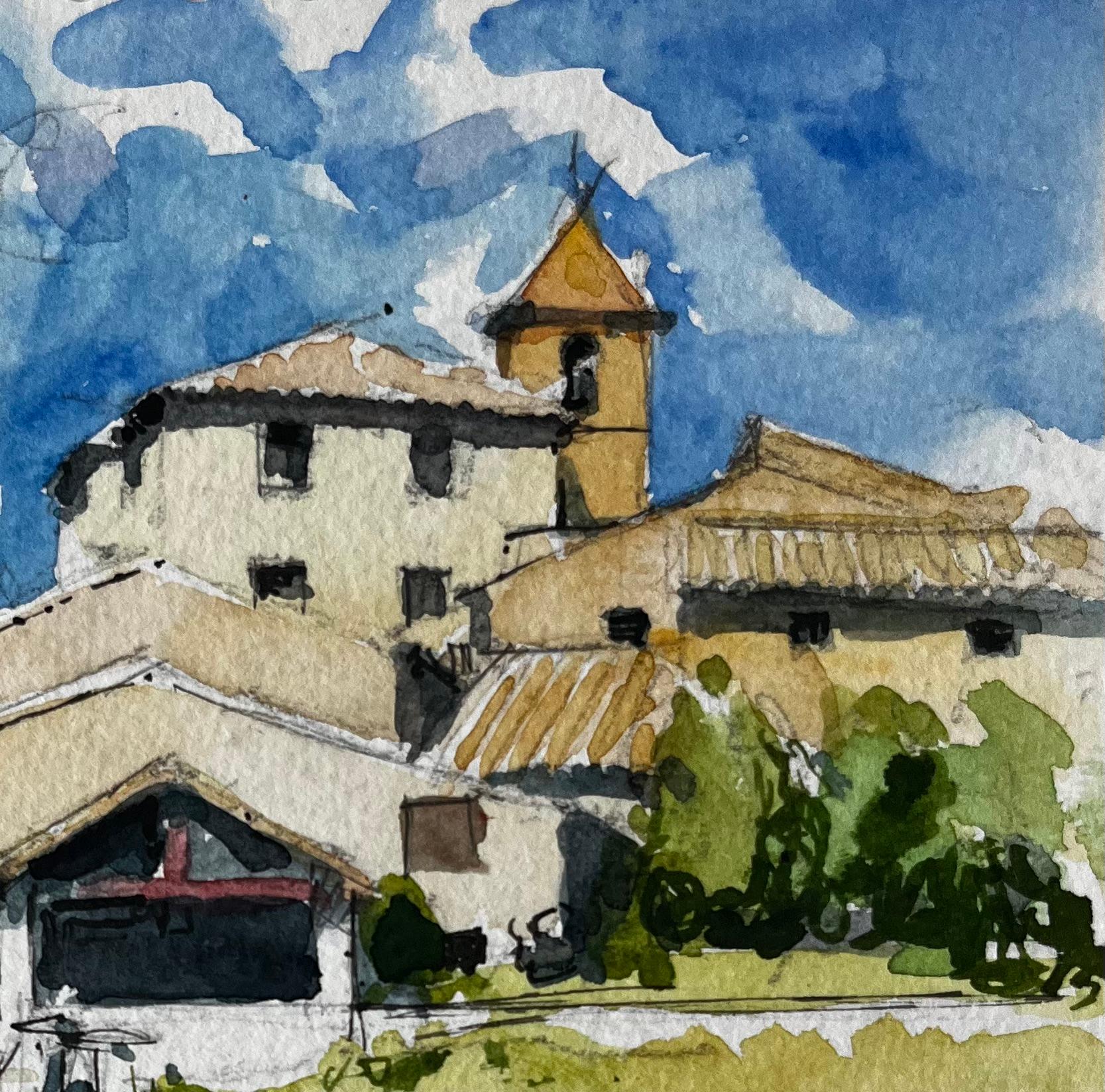 Acquerello La Roche d'Ougla, strada e chiesa della campagna francese - Art Postimpressionismo di Pierre Neveu