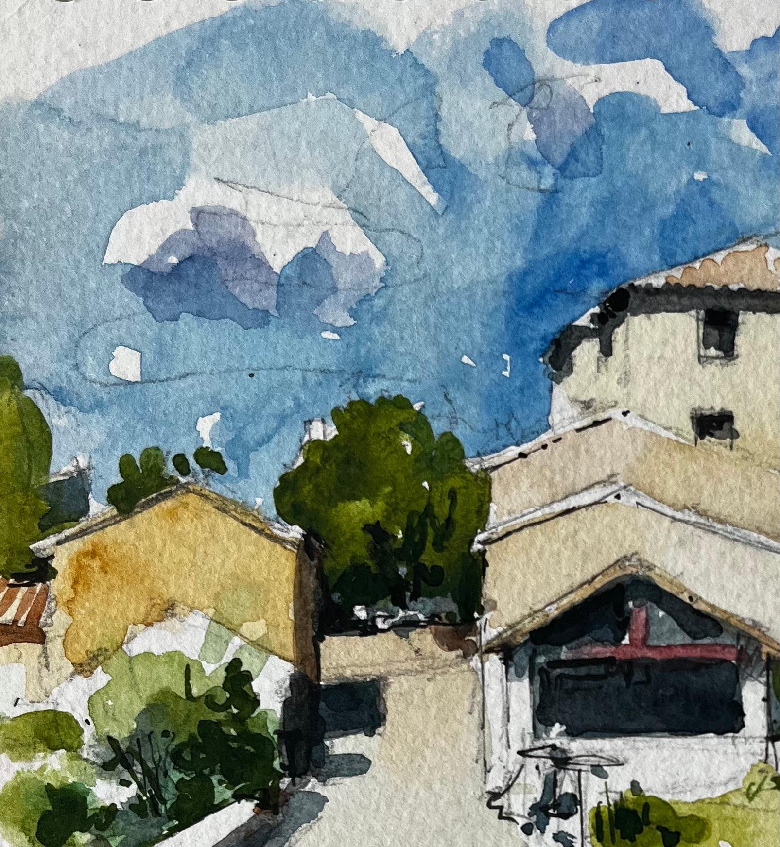 Acquerello La Roche d'Ougla, strada e chiesa della campagna francese - Landscape Art Grigio di Pierre Neveu