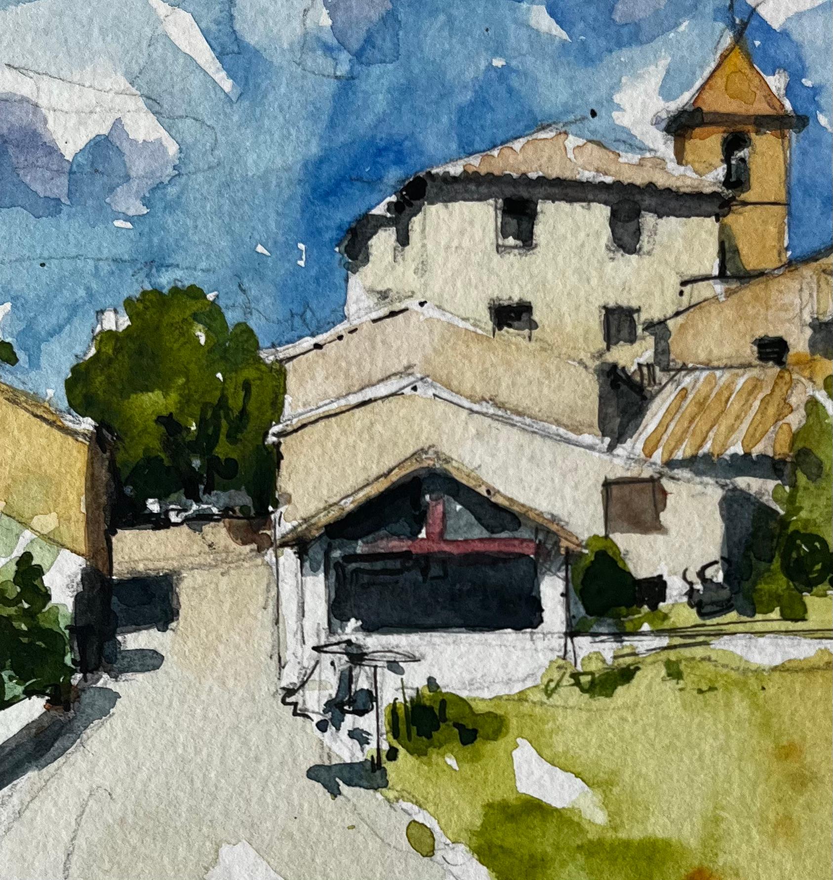 Acquerello La Roche d'Ougla, strada e chiesa della campagna francese in vendita 2