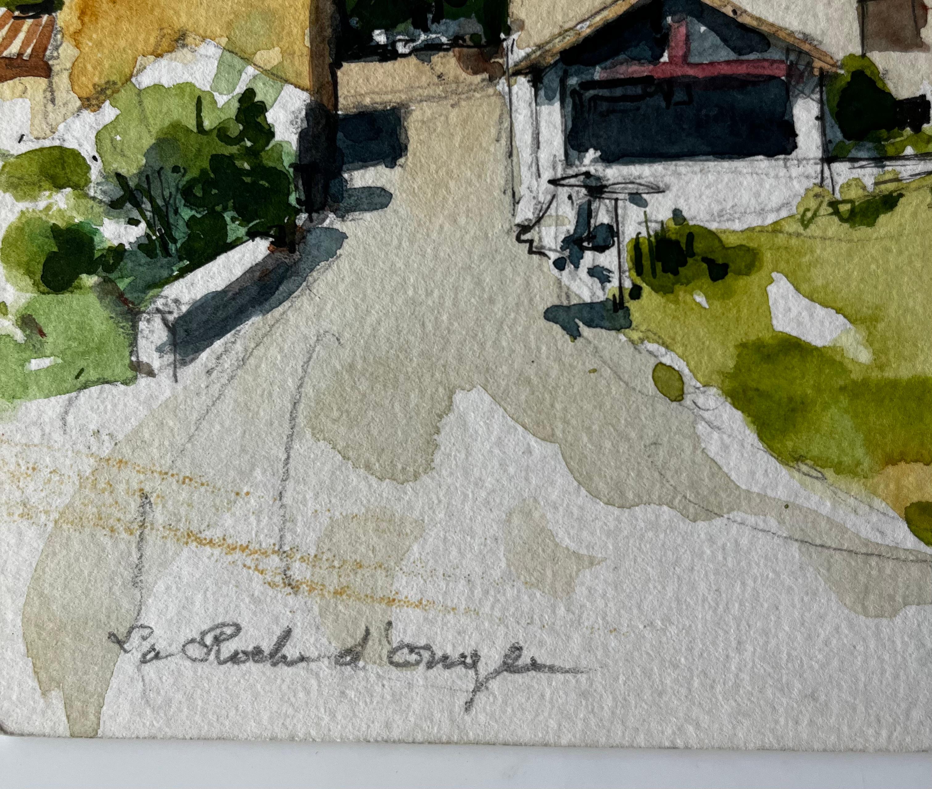 Acquerello La Roche d'Ougla, strada e chiesa della campagna francese in vendita 3