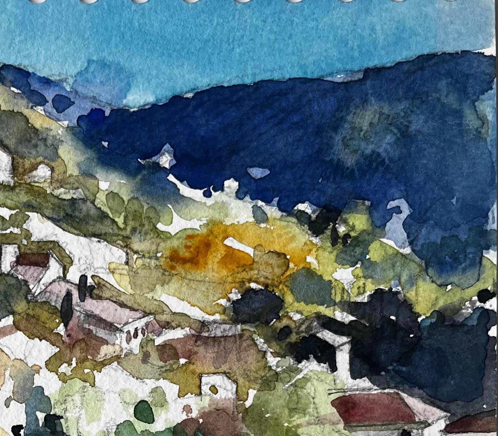 La Fontaine de Vaucluse Hillside Village French Landscape Watercolour Painting - Post-Impressionist Art by Pierre Neveu