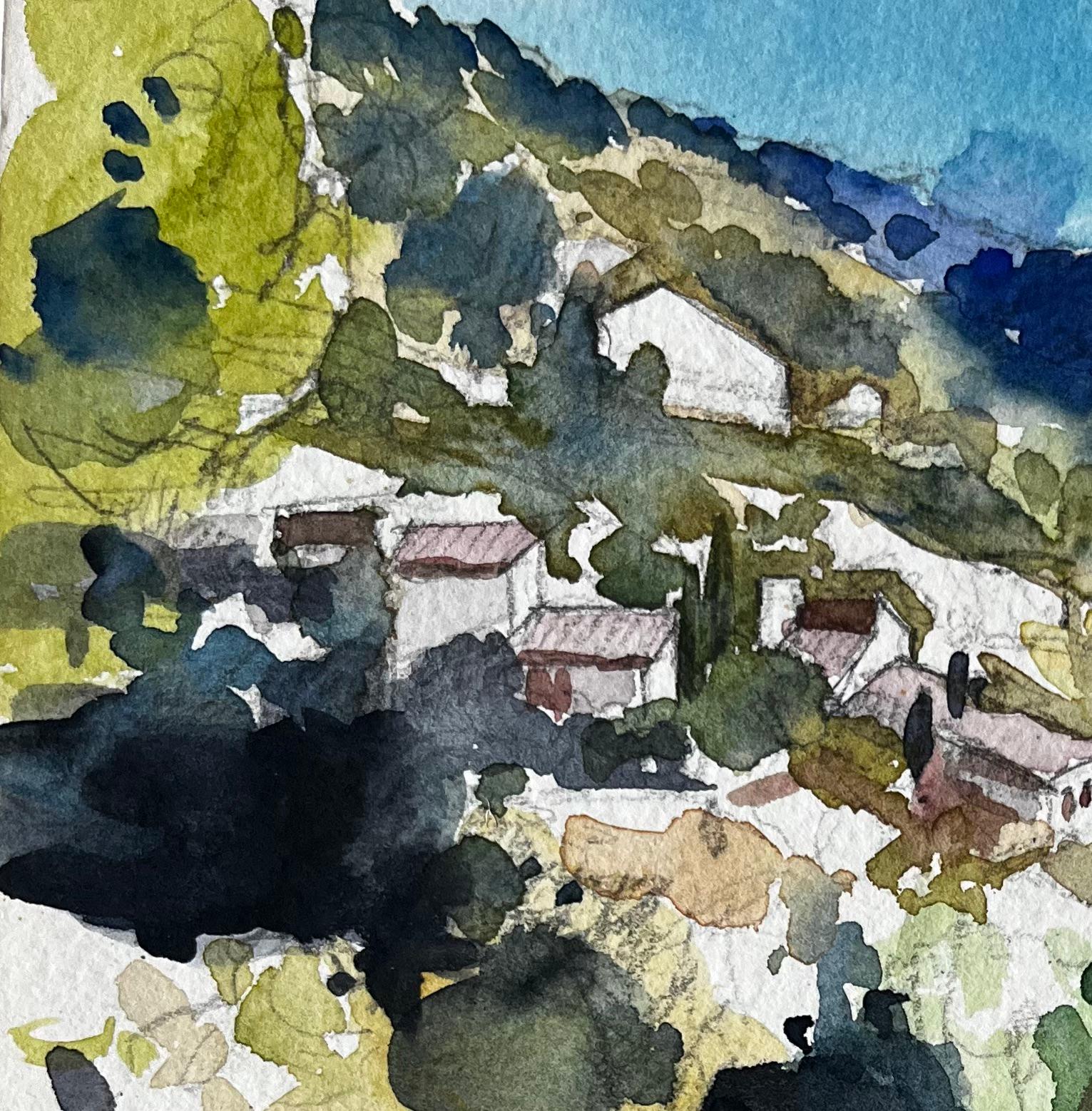 La Fontaine de Vaucluse Hillside Village French Landscape Watercolour Painting - Gray Landscape Art by Pierre Neveu