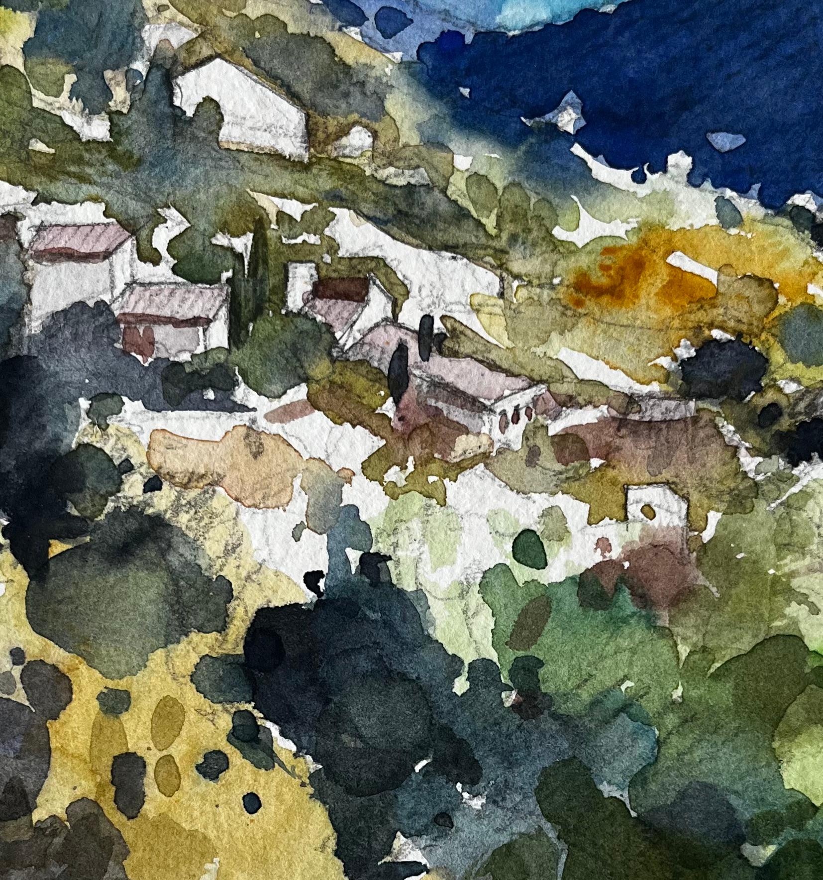 La Fontaine de Vaucluse Hillside Village French Landscape Watercolour Painting For Sale 2