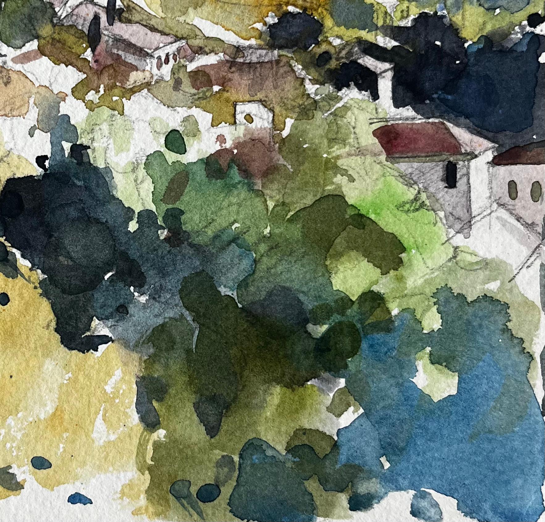 Title: La Fontaine de Vaucluse Hillside Village French Landscape Watercolour Painting
Artist: Pierre Neveu (French b.1929)
Medium: Watercolour on artist sketchbook paper, unframed
Size (H x W): 7.75 x 7.75 inches
Signed: Inscribed “La Fontaine de