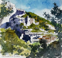 La Fontaine de Vaucluse Hillside Village French Landscape Watercolour Painting
