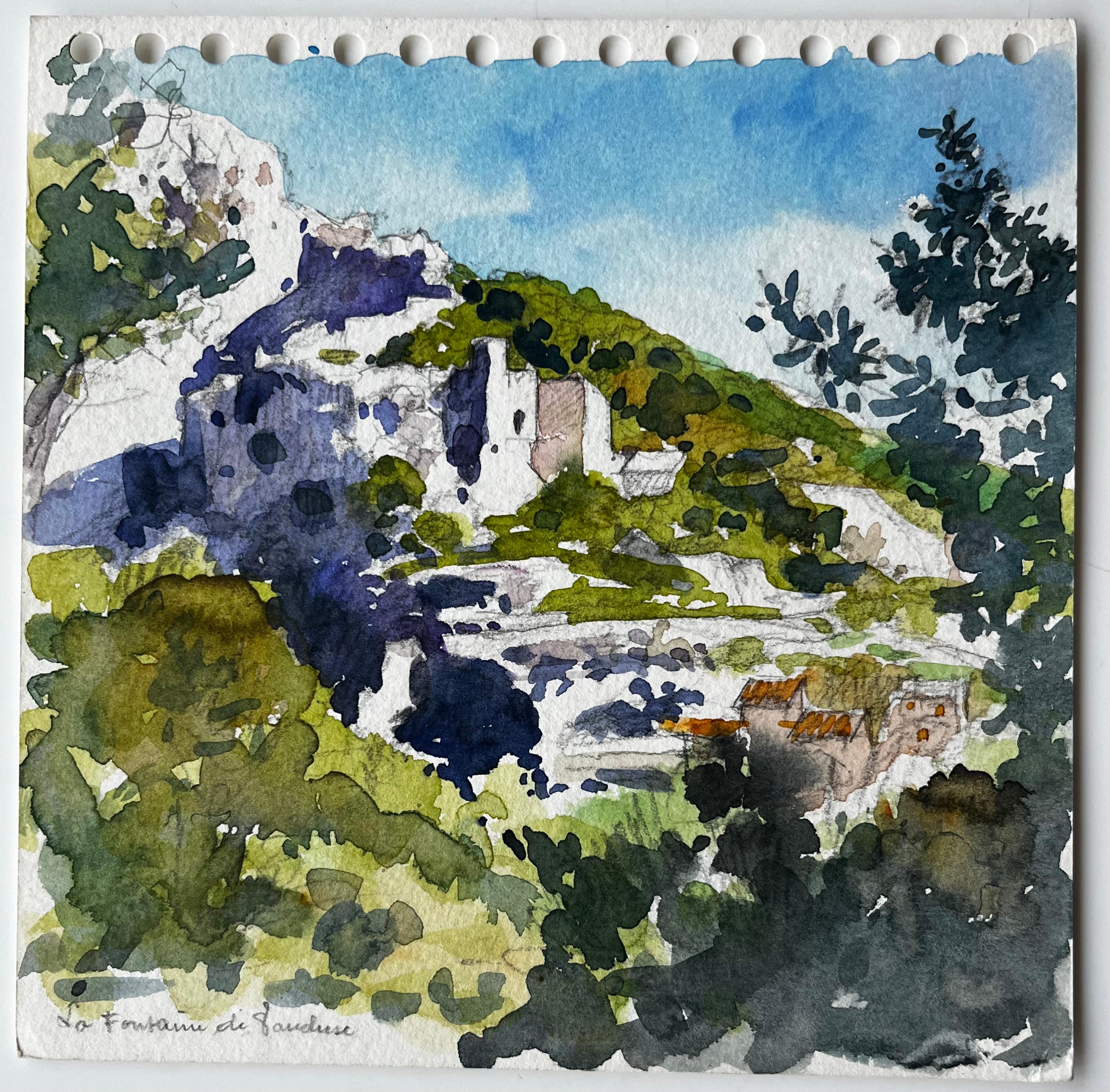 La Fontaine de Vaucluse Hillside Village French Landscape Watercolour Painting - Art by Pierre Neveu