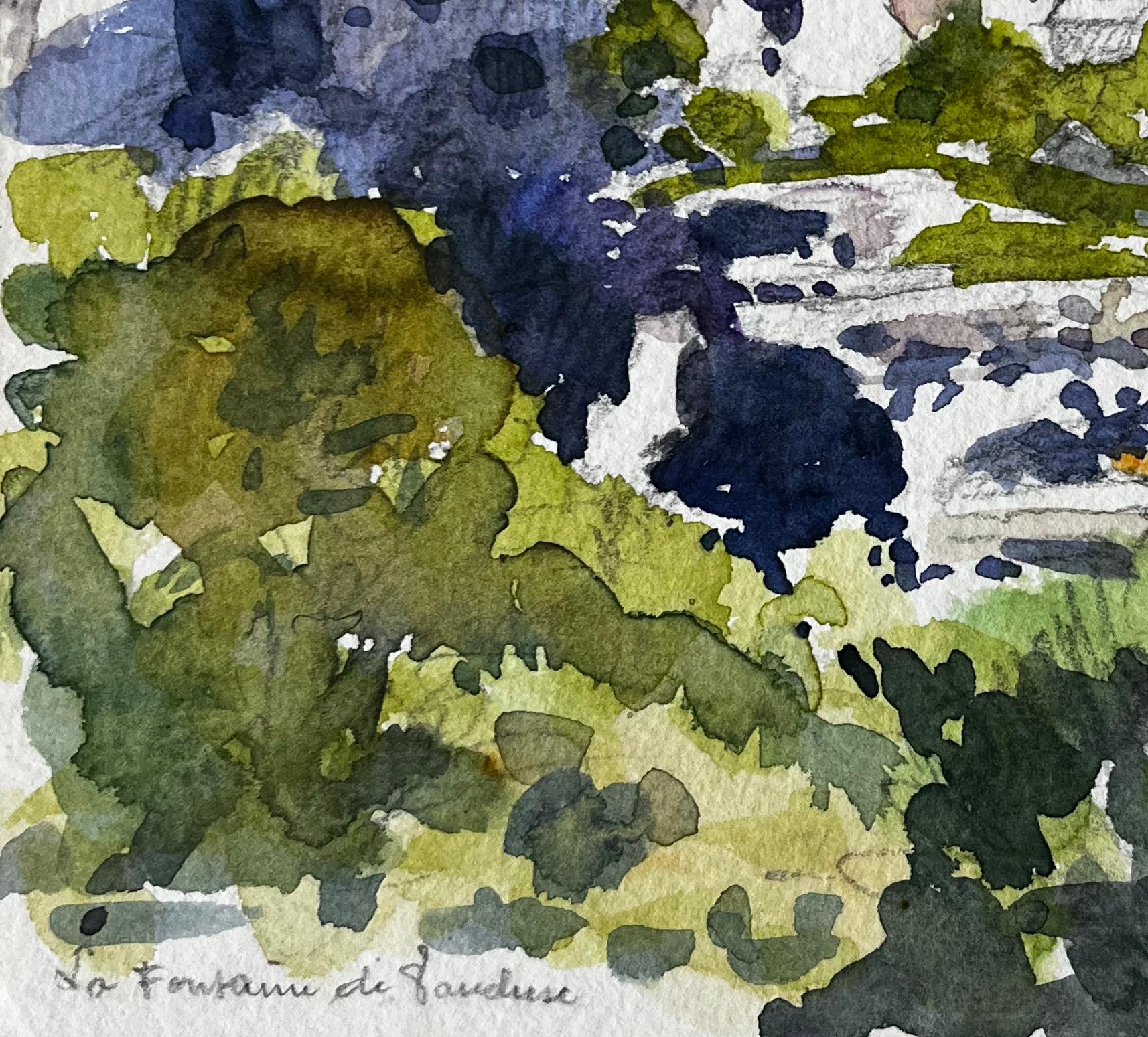 La Fontaine de Vaucluse Hillside Village French Landscape Watercolour Painting For Sale 1