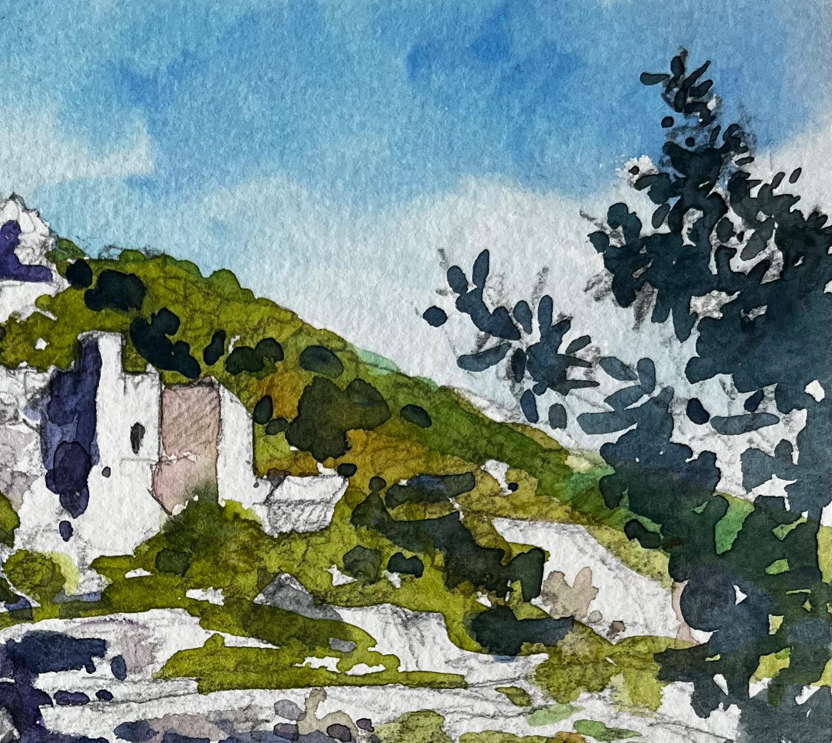 La Fontaine de Vaucluse Hillside Village French Landscape Watercolour Painting - Gray Landscape Art by Pierre Neveu