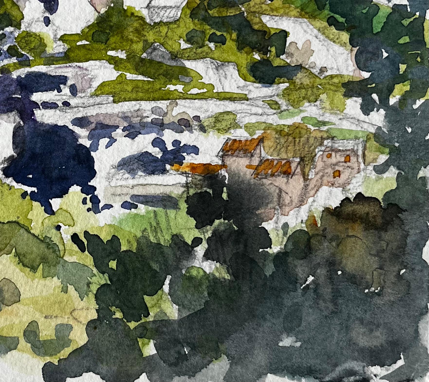 Title: La Fontaine de Vaucluse Hillside Village French Landscape Watercolour Painting
Artist: Pierre Neveu (French b.1929)
Medium: Watercolour on artist sketchbook paper, unframed
Size (H x W): 7.75 x 7.75 inches
Signed: Inscribed “La Fontaine de