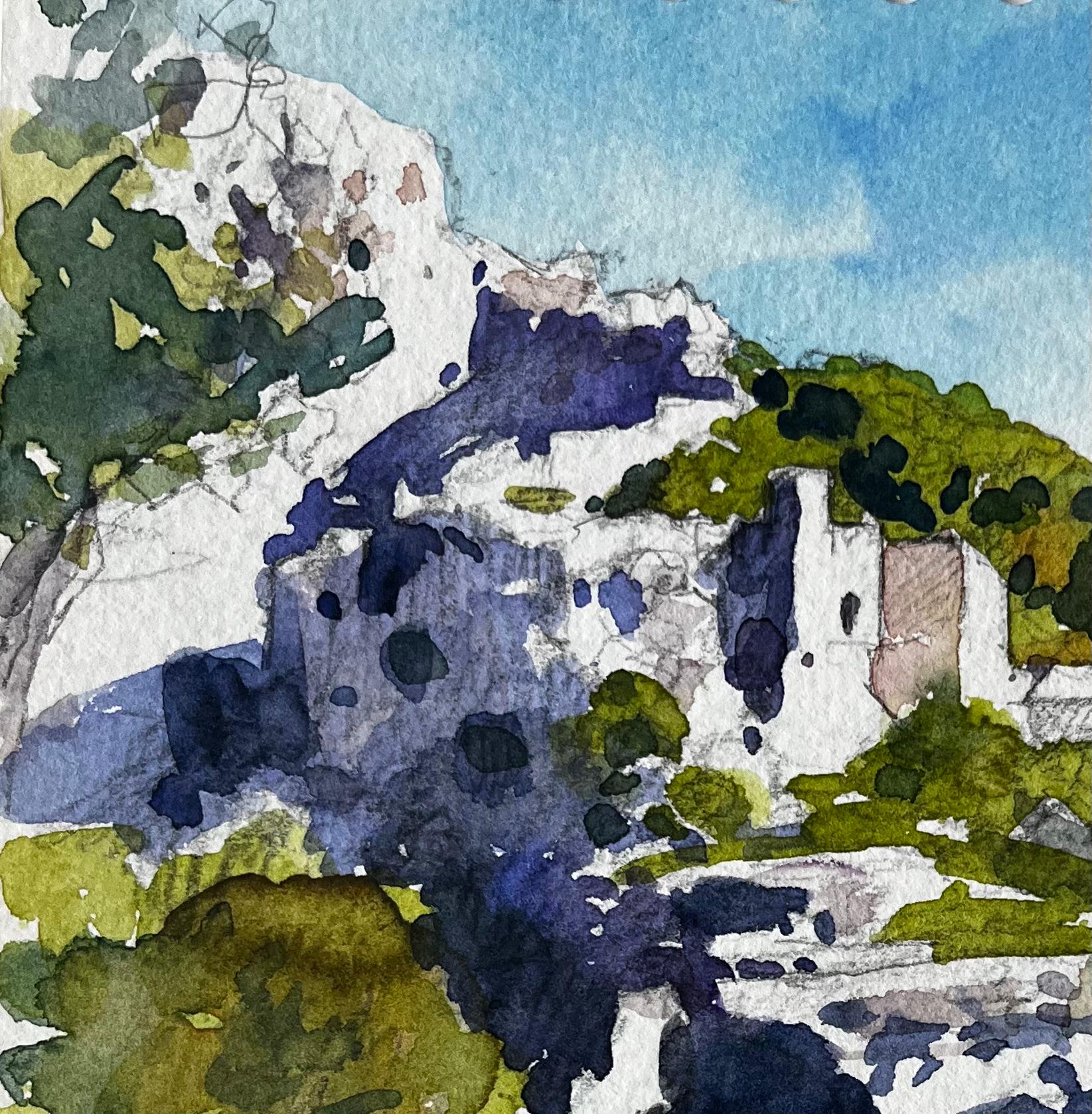 La Fontaine de Vaucluse Hillside Village French Landscape Watercolour Painting - Post-Impressionist Art by Pierre Neveu