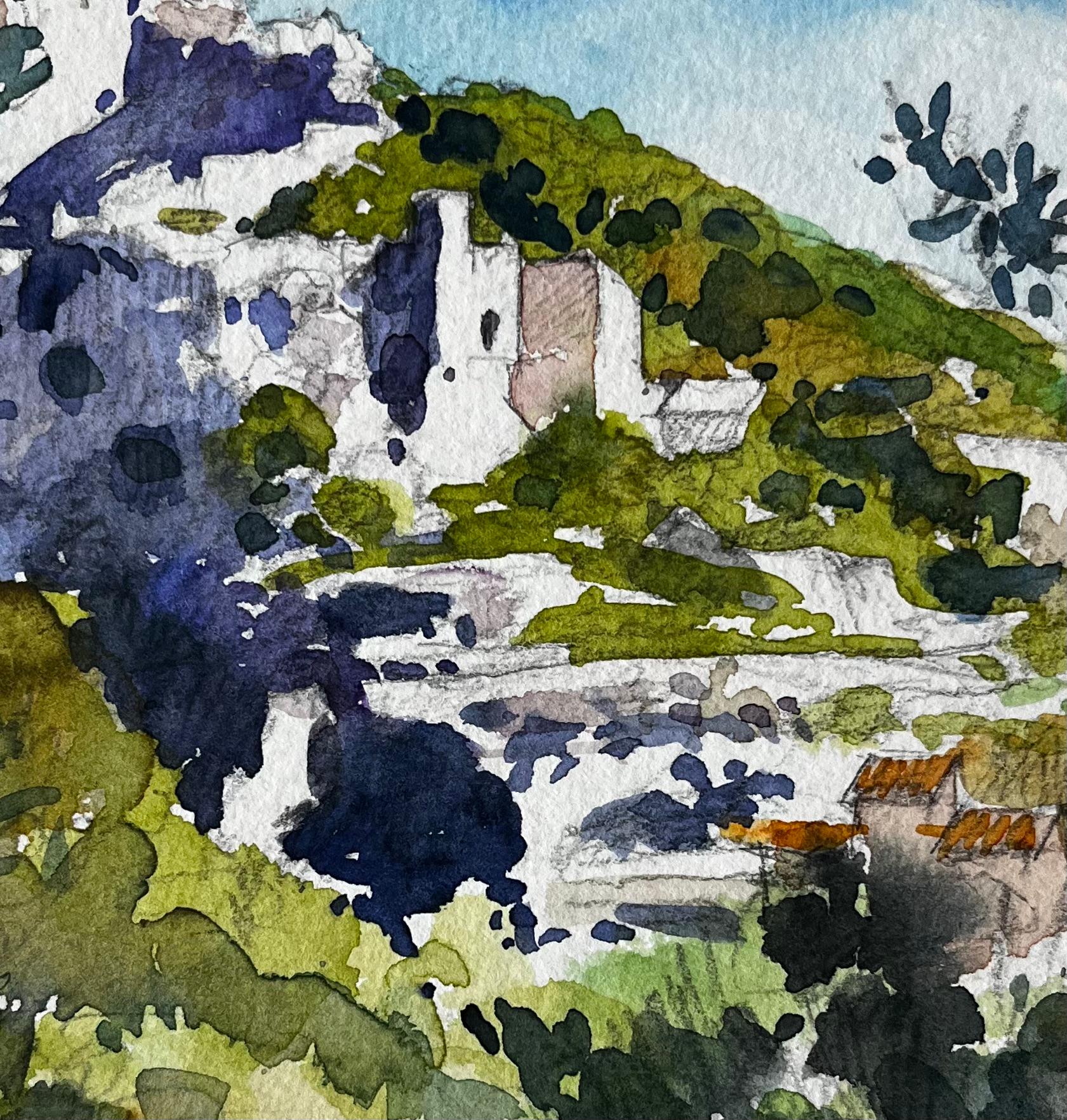 La Fontaine de Vaucluse Hillside Village French Landscape Watercolour Painting For Sale 2