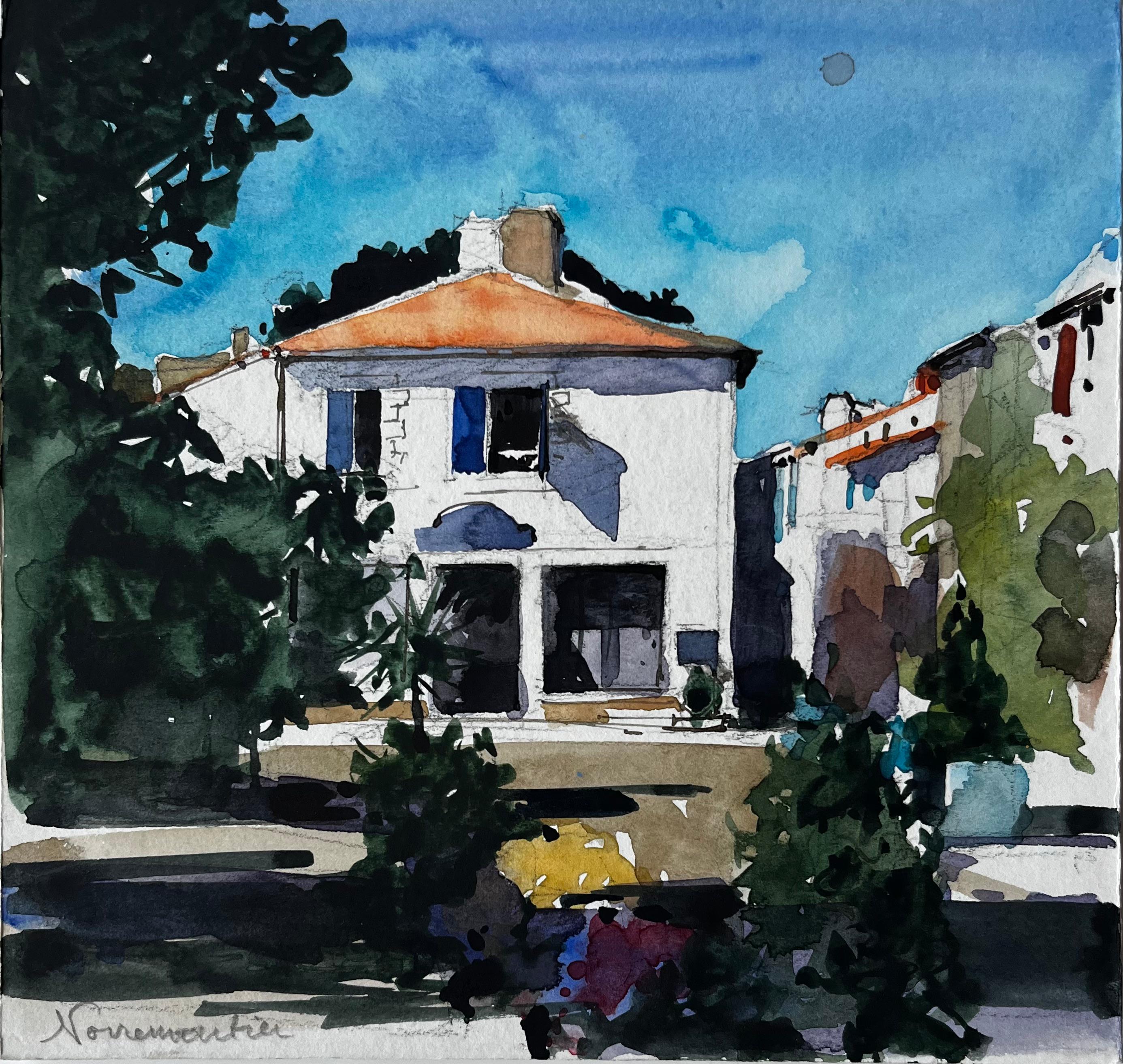 Casa del villaggio di Noirmoutier Paesaggio costiero francese dipinto ad acquerello