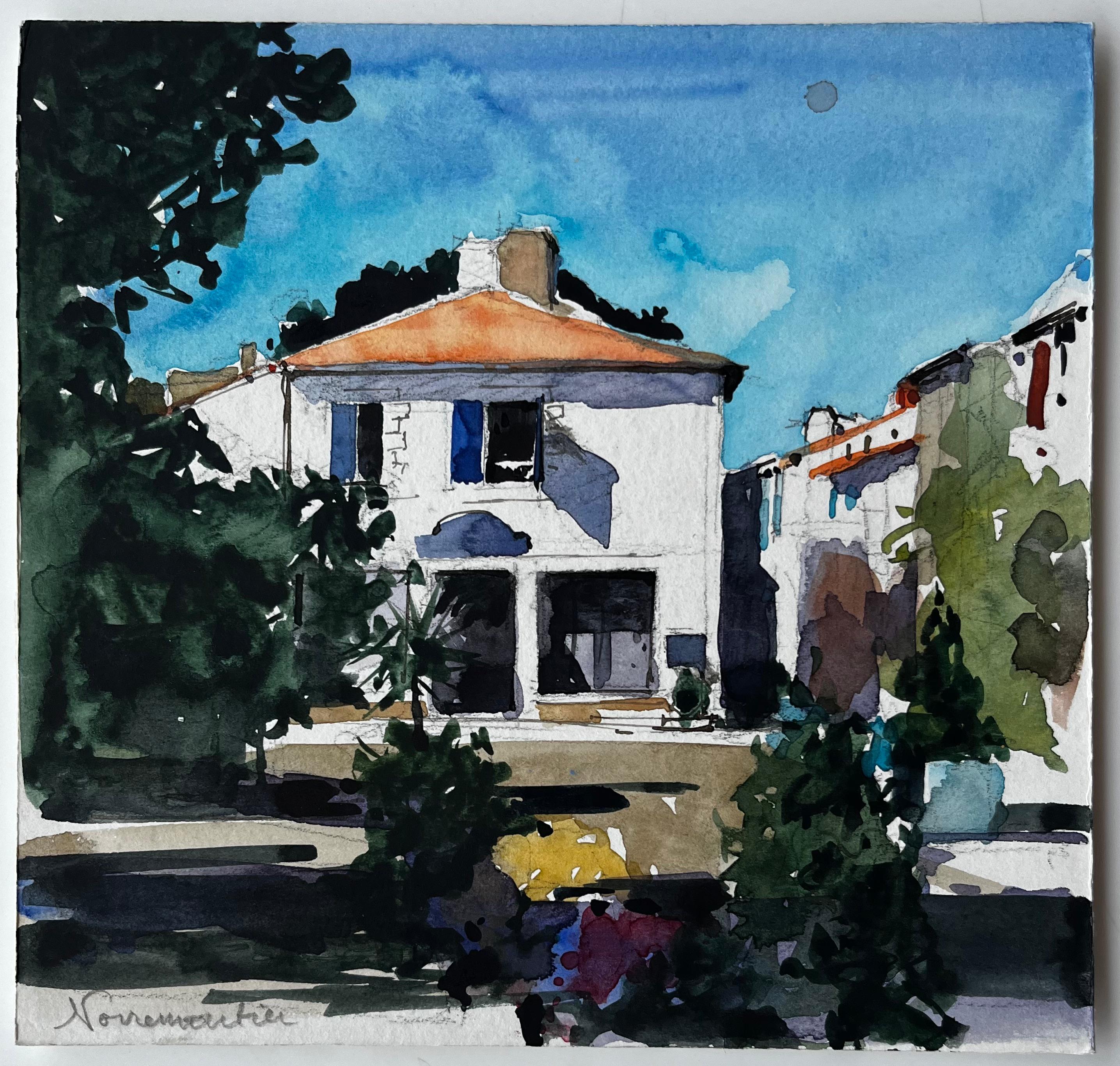 Noirmoutier Casa de pueblo Paisaje costero francés Pintura a la acuarela - Art de Pierre Neveu