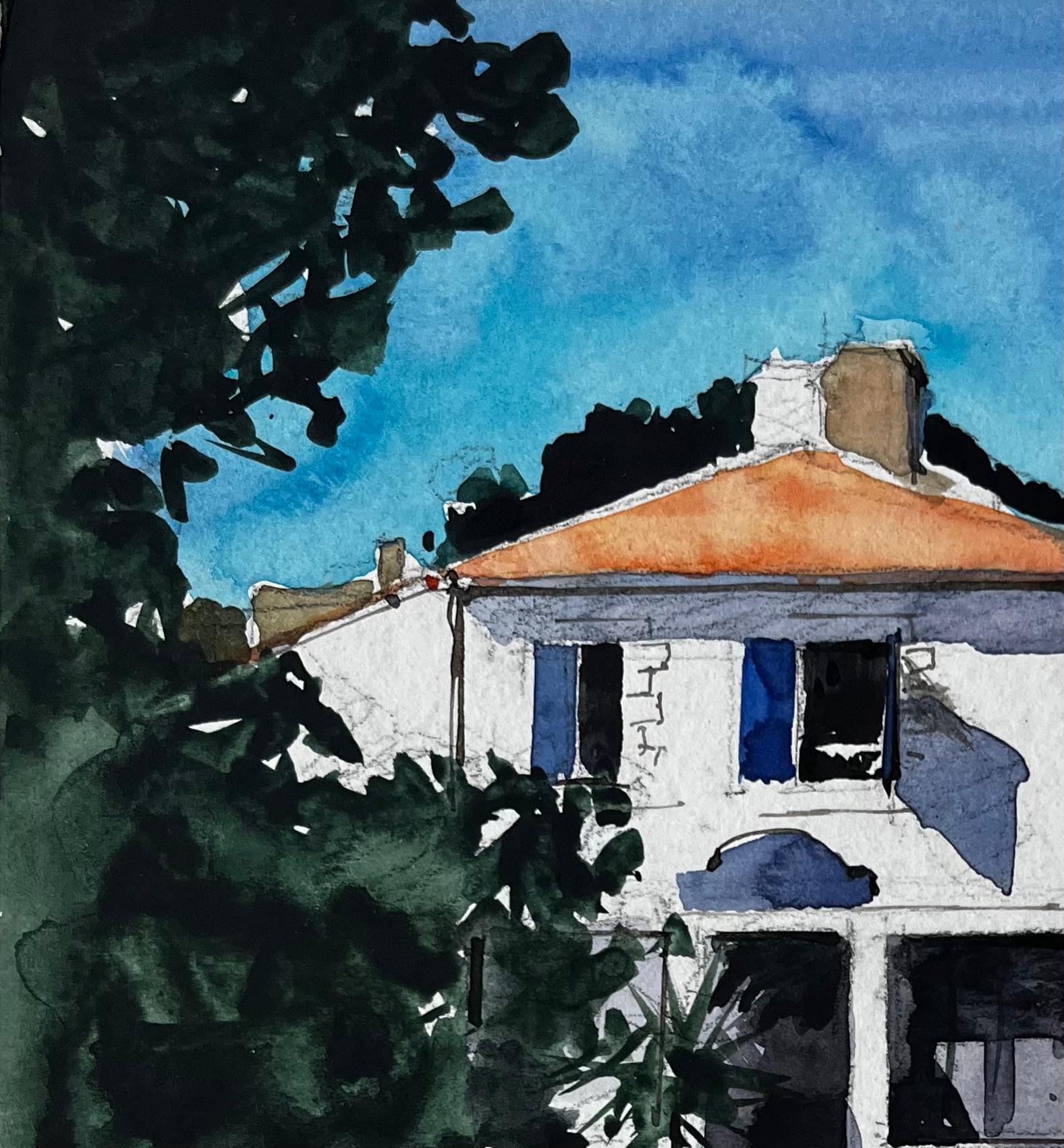 Noirmoutier Casa de pueblo Paisaje costero francés Pintura a la acuarela - Landscape Art Negro de Pierre Neveu