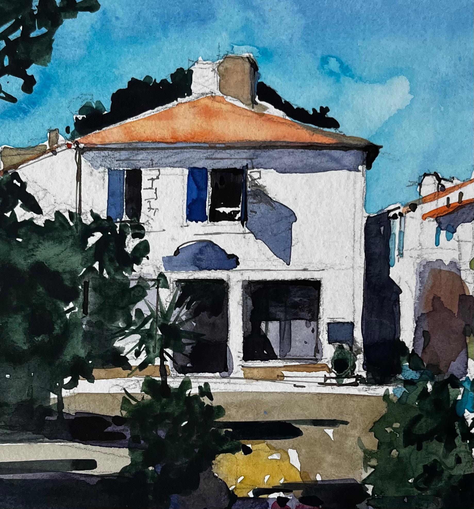 Noirmoutier Casa de pueblo Paisaje costero francés Pintura a la acuarela en venta 2