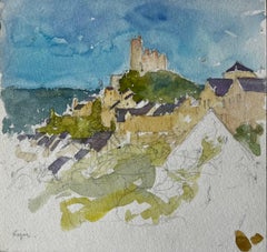 Najac Village and Castle French Hilltop Landscape Watercolour Painting