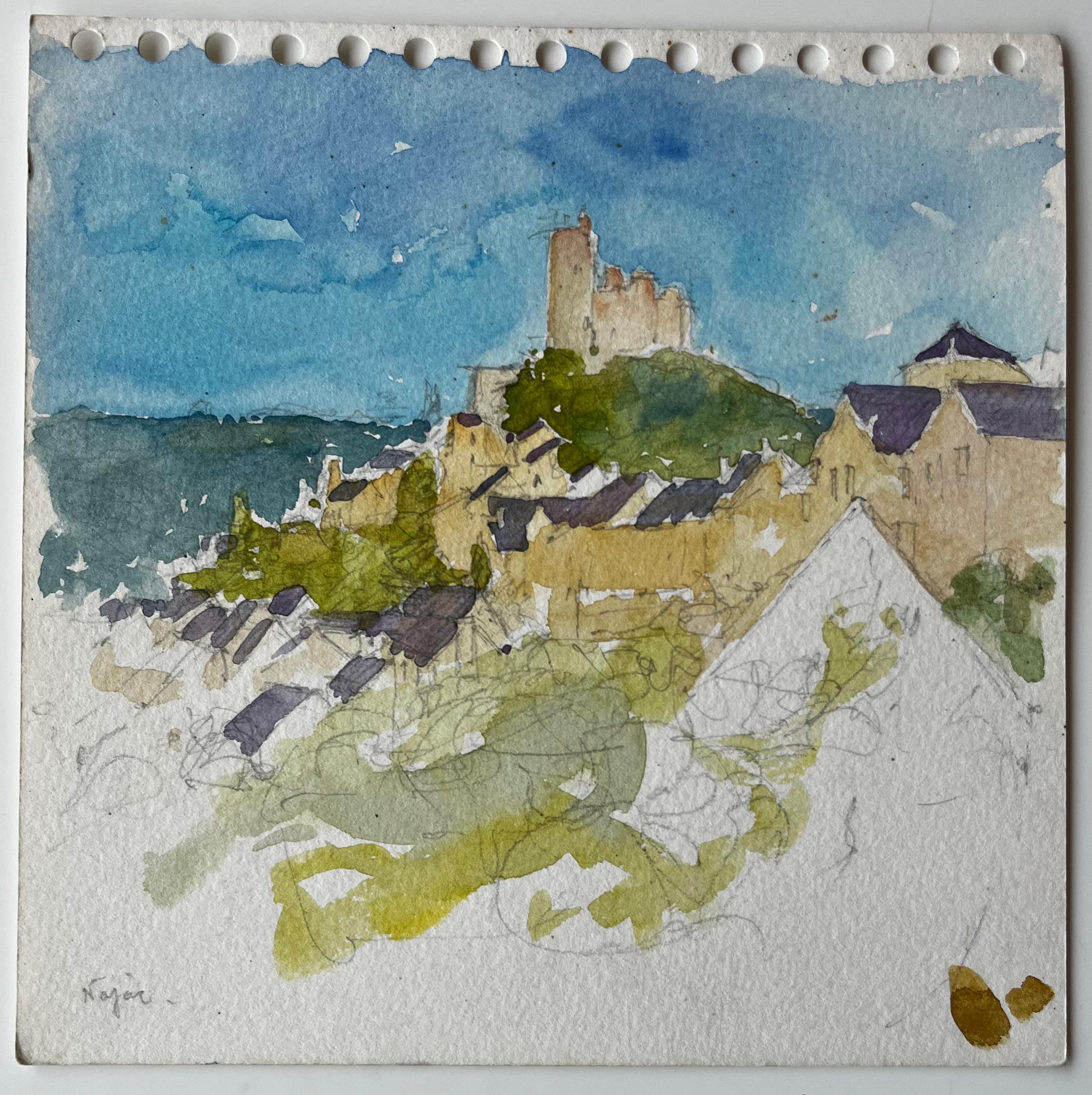 Villaggio e castello di Najac, paesaggio collinare francese dipinto ad acquerello - Painting di Pierre Neveu