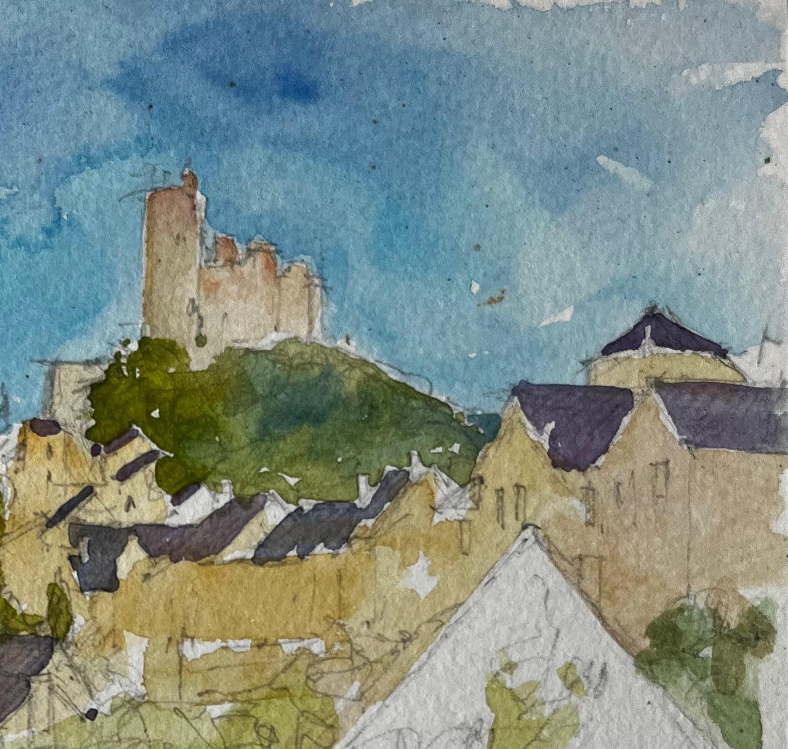 Villaggio e castello di Najac, paesaggio collinare francese dipinto ad acquerello - Painting Postimpressionismo di Pierre Neveu