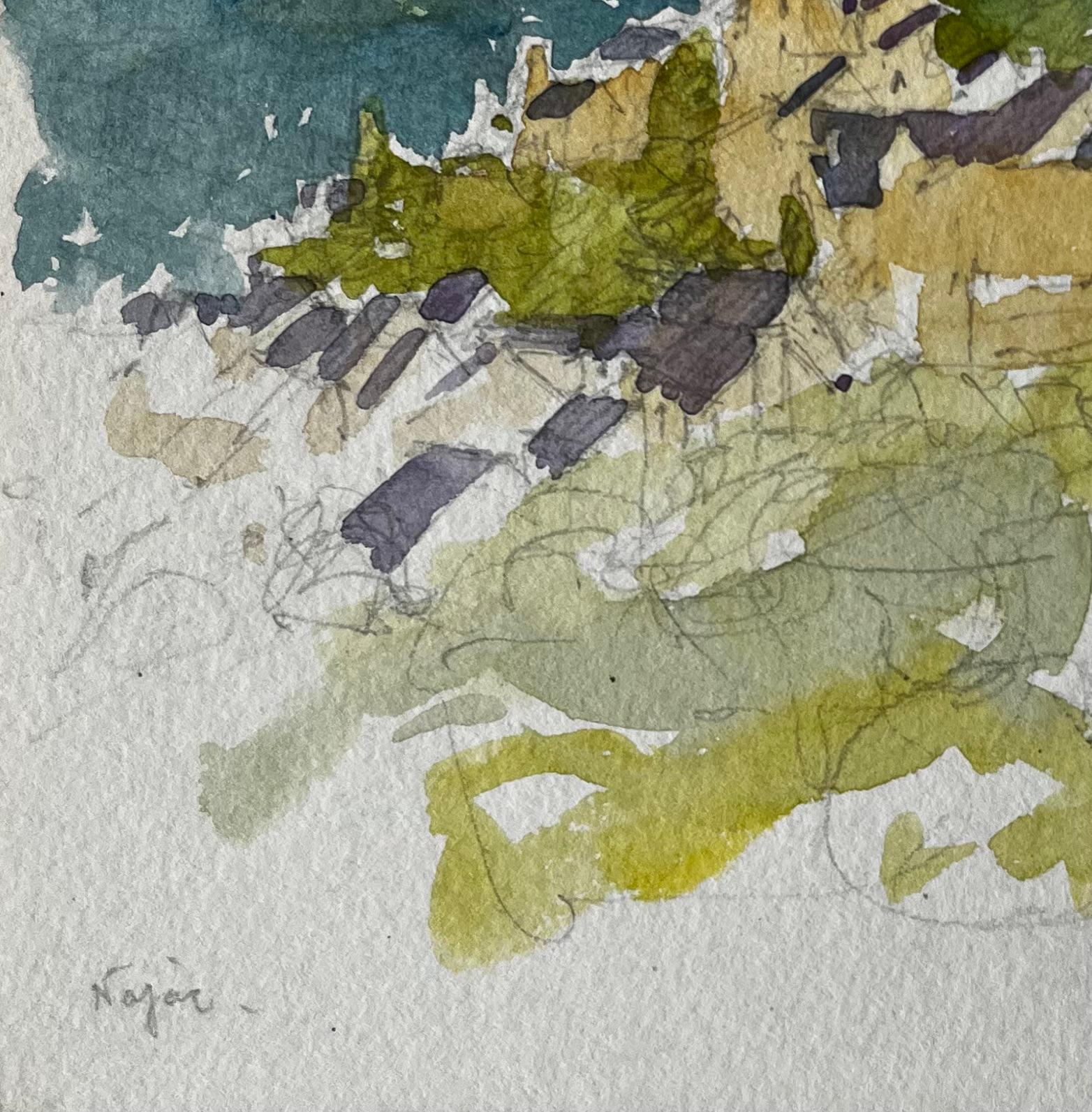 Villaggio e castello di Najac, paesaggio collinare francese dipinto ad acquerello in vendita 1