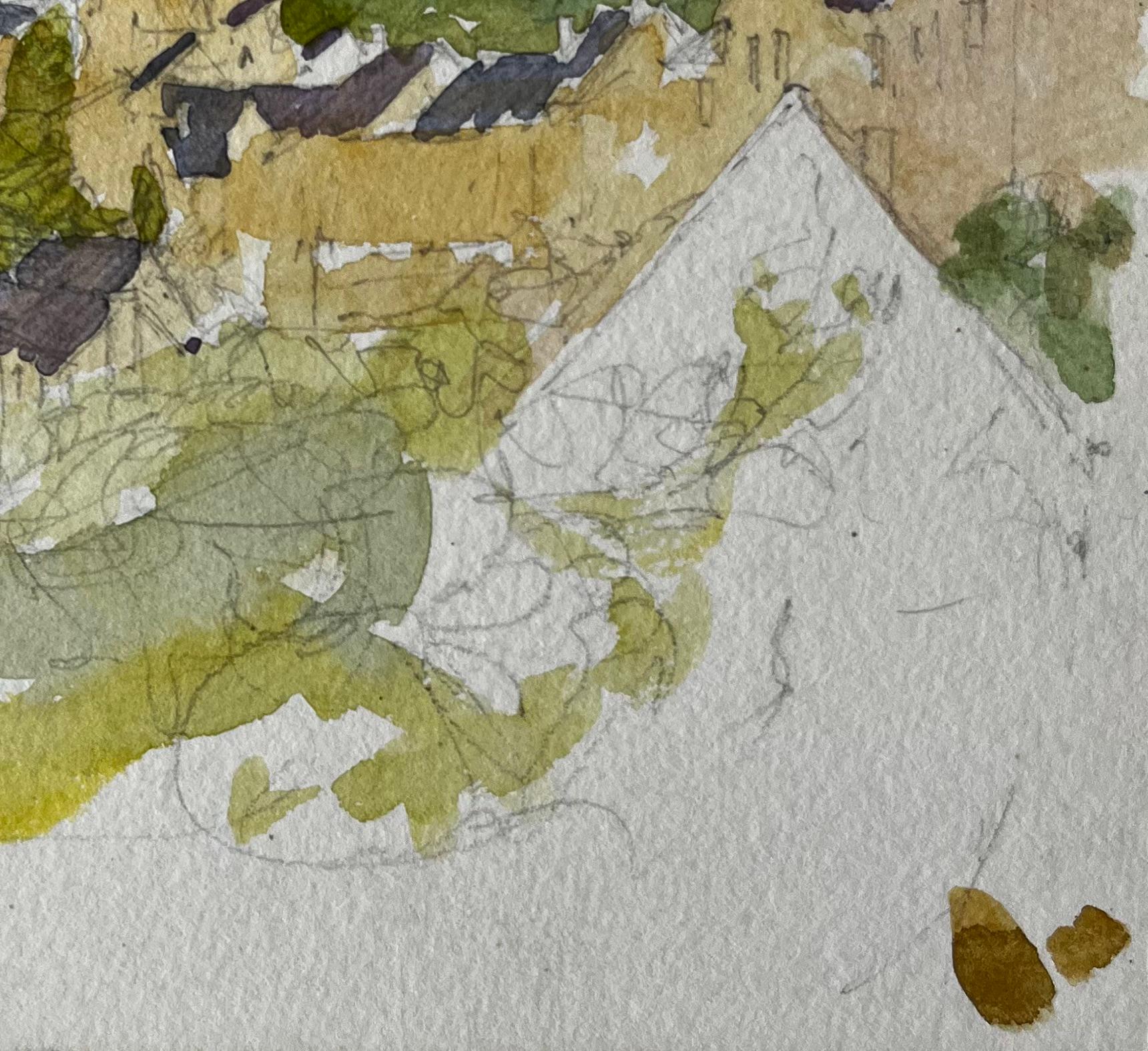 Villaggio e castello di Najac, paesaggio collinare francese dipinto ad acquerello - Landscape Painting Grigio di Pierre Neveu