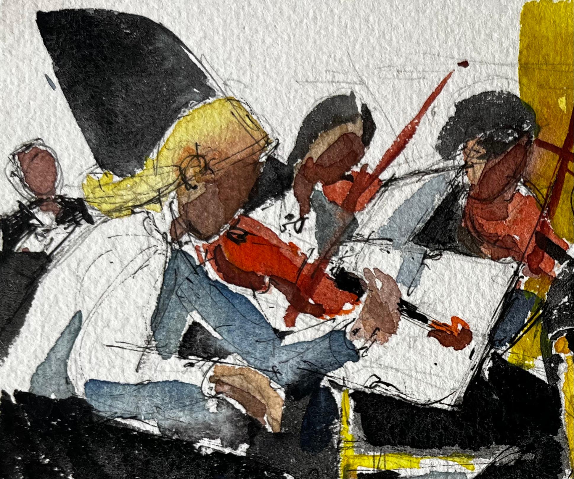 Los músicos de la orquesta interpretando la escena del conjunto de violines Pintura a la acuarela en venta 1