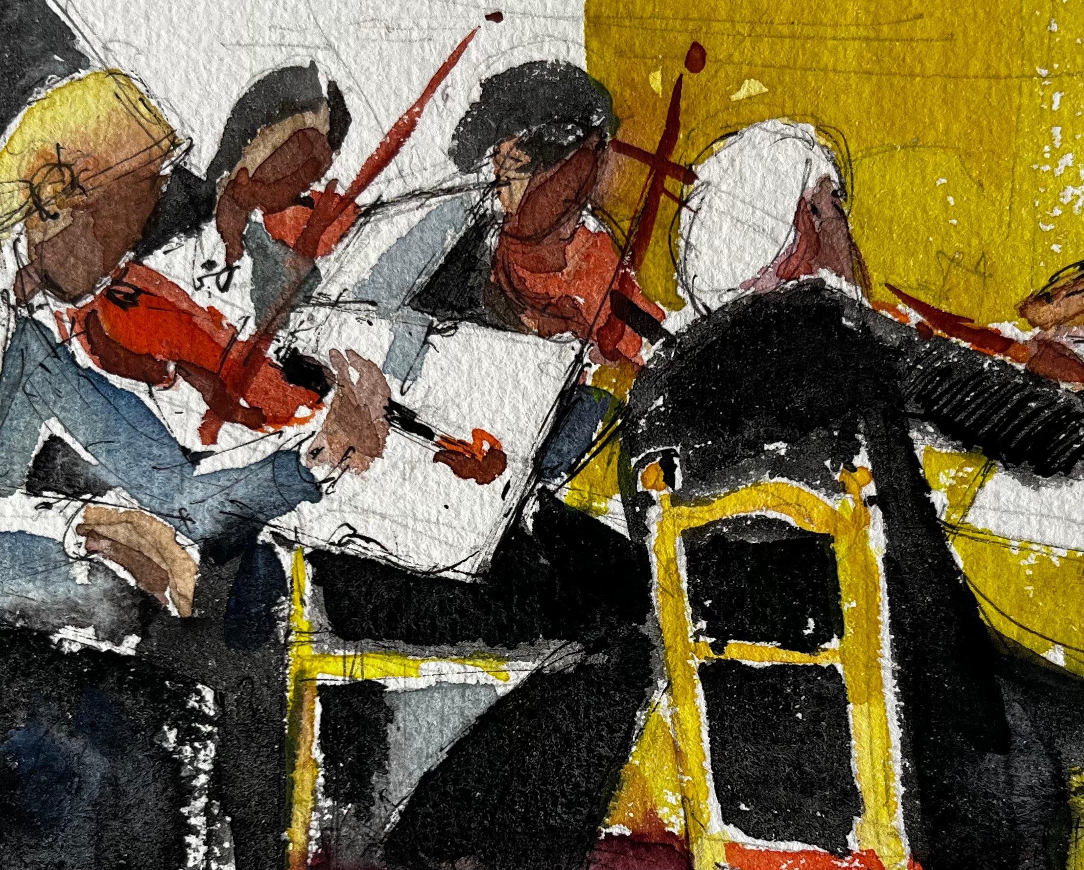 Título: Los músicos de la orquesta interpretando la escena del conjunto de violines Pintura a la acuarela
Artista: Pierre Neveu (francés n.1929)
Técnica: Acuarela sobre papel de cuaderno de artista, sin enmarcar
Tamaño (A x A): 5,25 x 7,5