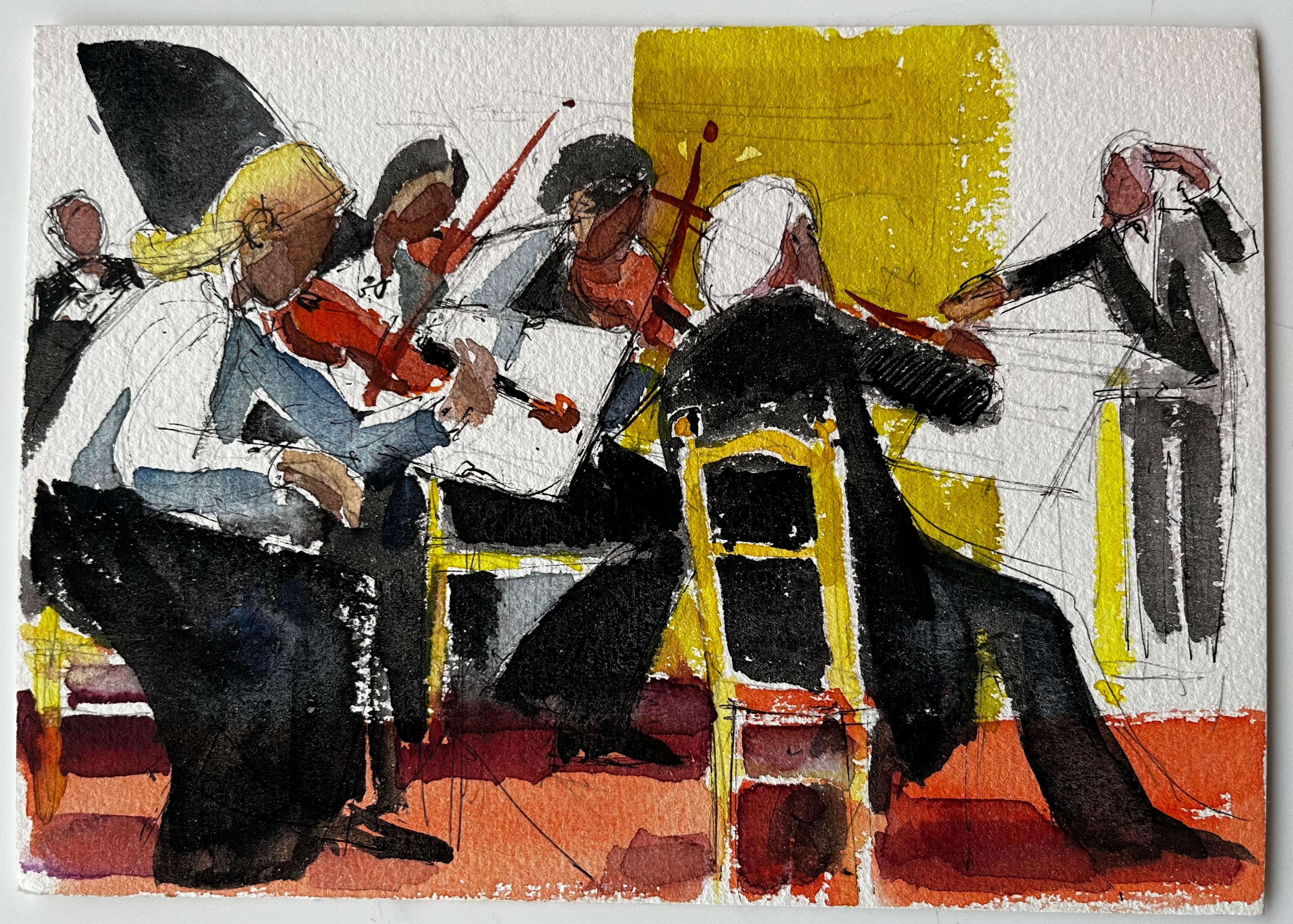 Los músicos de la orquesta interpretando la escena del conjunto de violines Pintura a la acuarela - Art Posimpresionista de Pierre Neveu