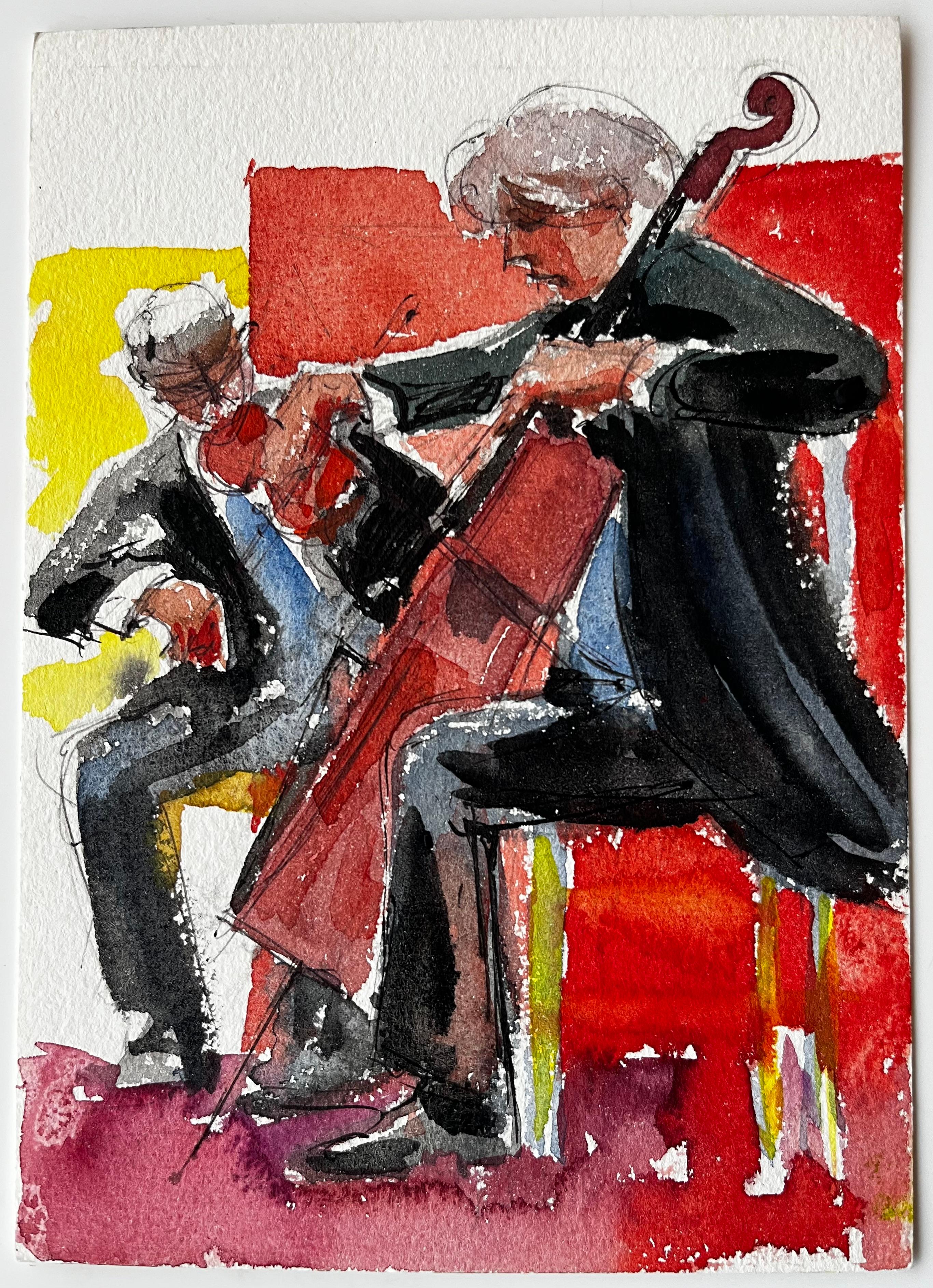 Duetto di musicisti di Cello e Violino che si esibiscono in una pittura ad acquerello - Art di Pierre Neveu