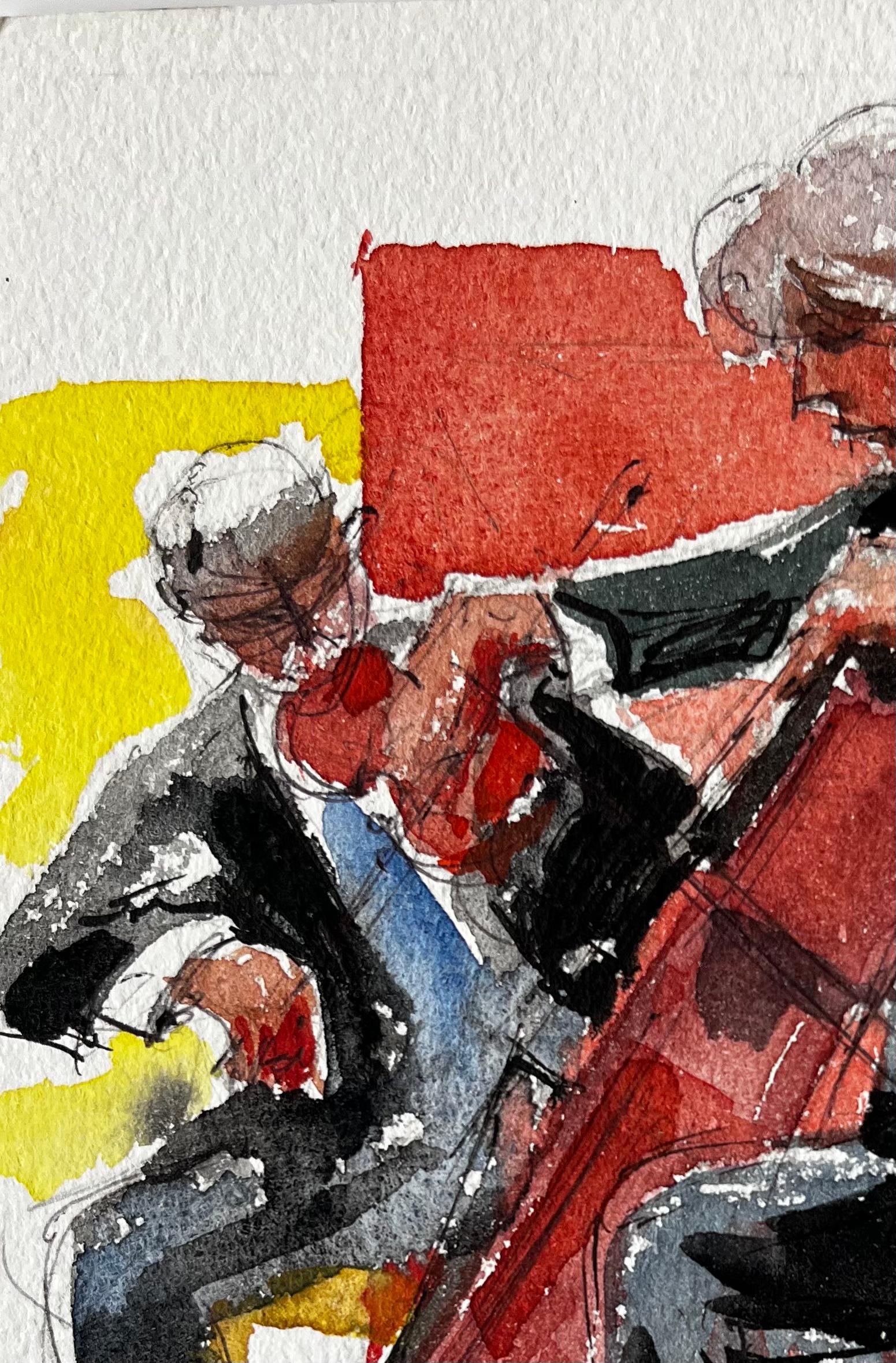 Duetto di musicisti di Cello e Violino che si esibiscono in una pittura ad acquerello - Landscape Art Rosa di Pierre Neveu