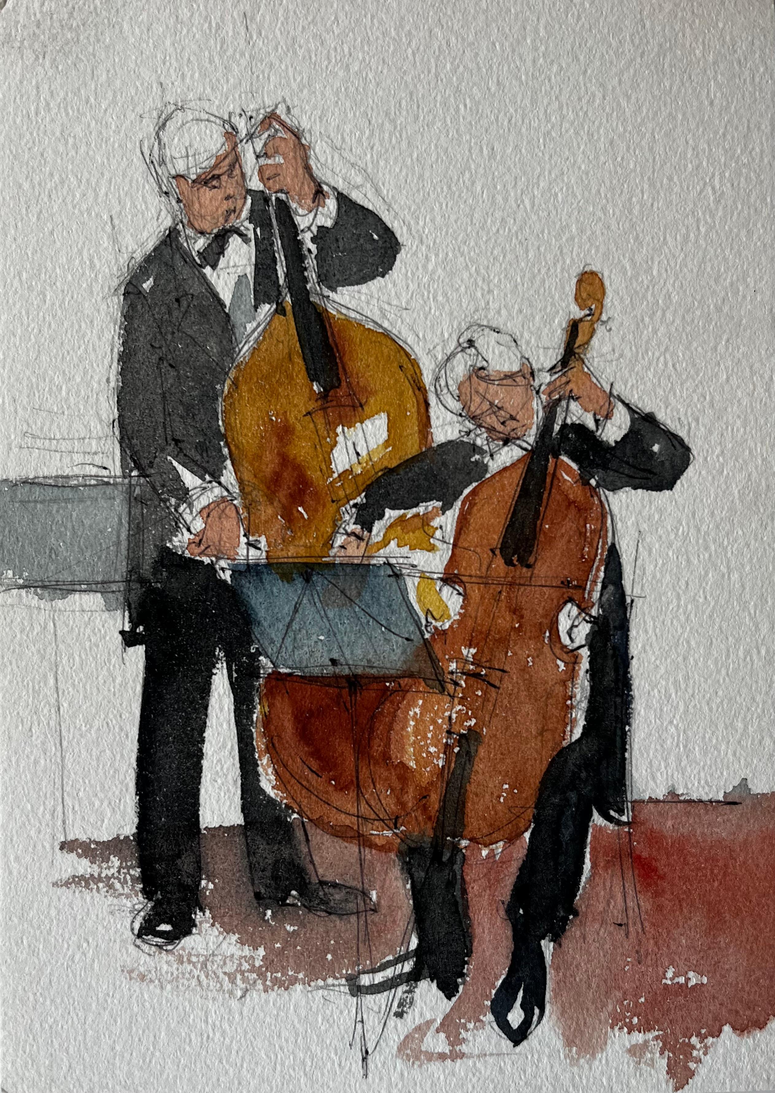 Duetto di musicisti di contrabbasso e violoncello che si esibiscono in una pittura ad acquerello
