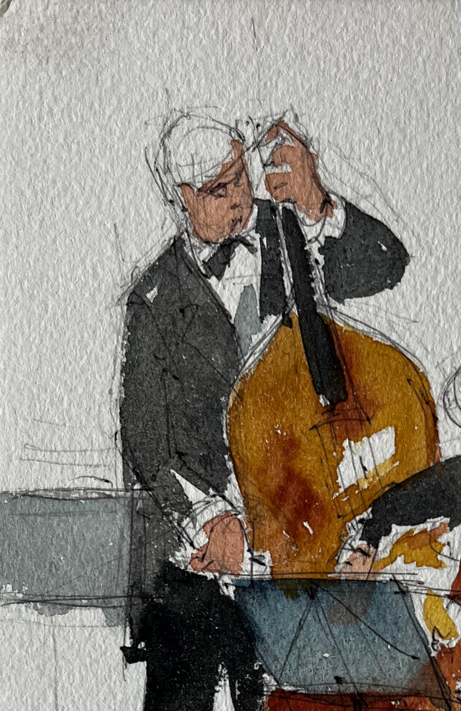 Duetto di musicisti di contrabbasso e violoncello che si esibiscono in una pittura ad acquerello - Art Postimpressionismo di Pierre Neveu