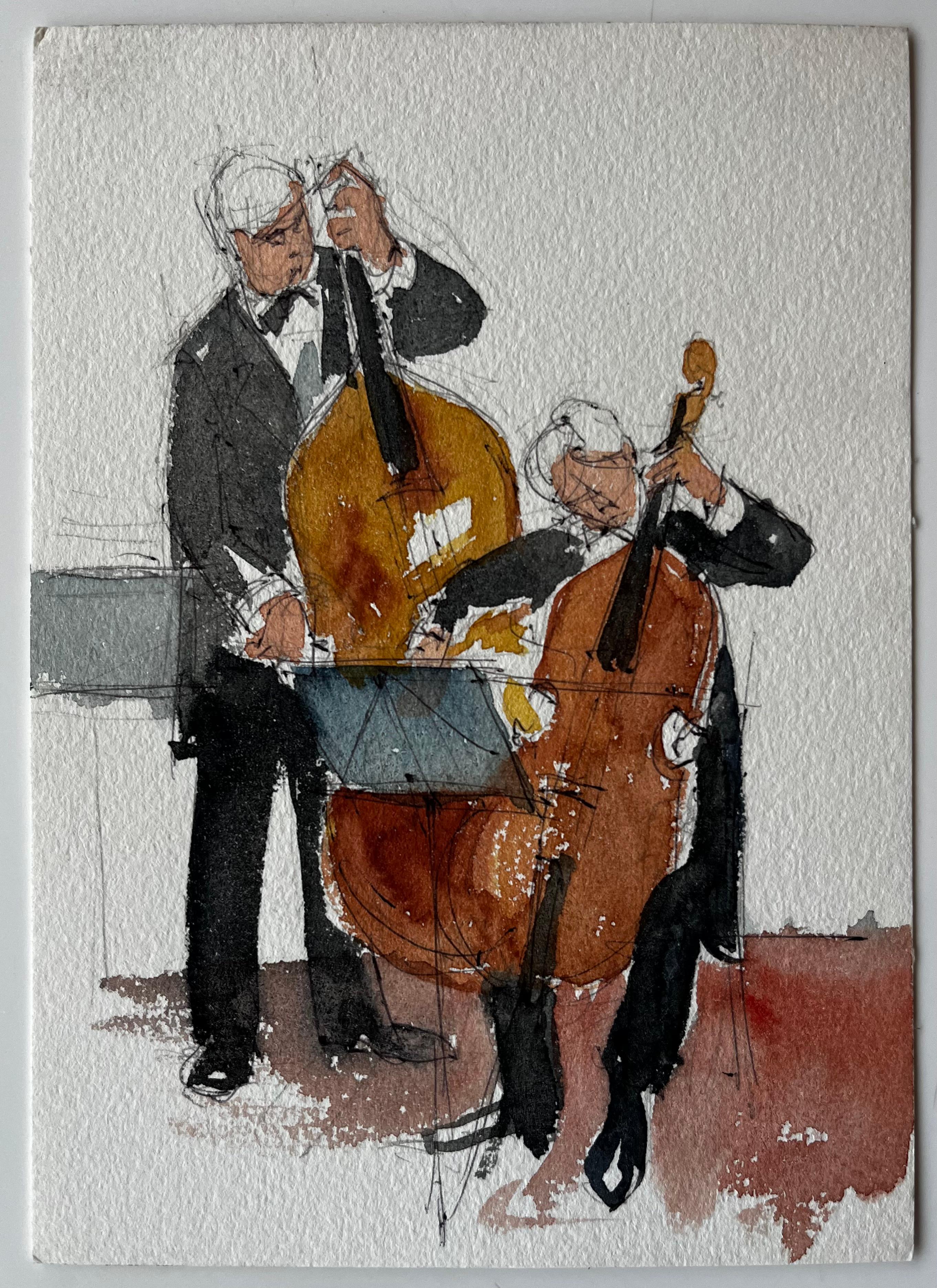 Duetto di musicisti di contrabbasso e violoncello che si esibiscono in una pittura ad acquerello - Art di Pierre Neveu