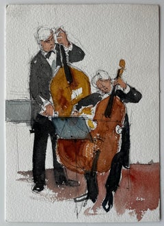 Double Bass and Cello Duet Musicians Performing Watercolour Painting