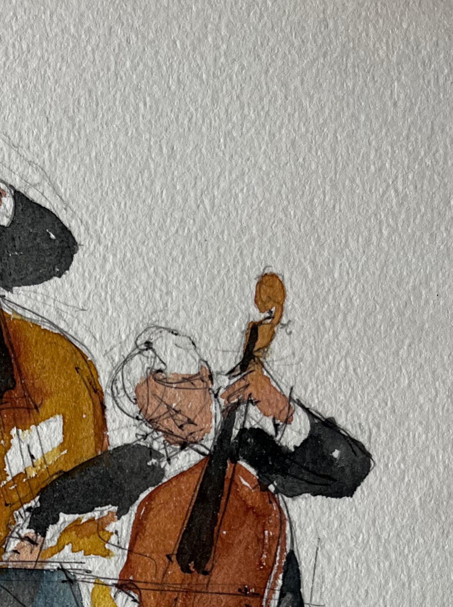 Duetto di musicisti di contrabbasso e violoncello che si esibiscono in una pittura ad acquerello - Landscape Art Grigio di Pierre Neveu