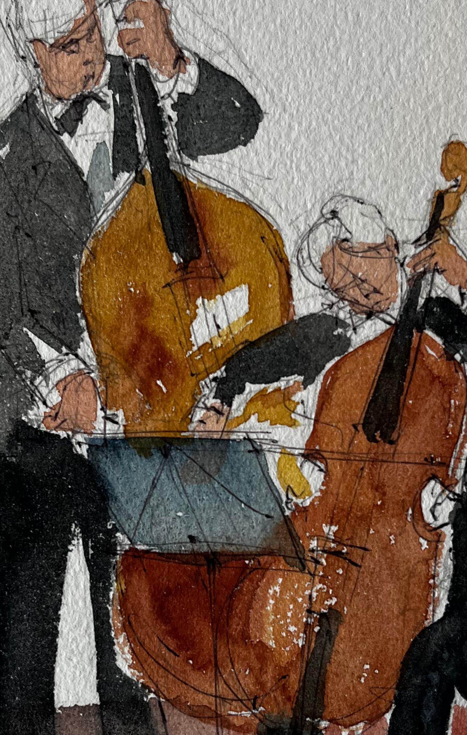 Duetto di musicisti di contrabbasso e violoncello che si esibiscono in una pittura ad acquerello in vendita 2