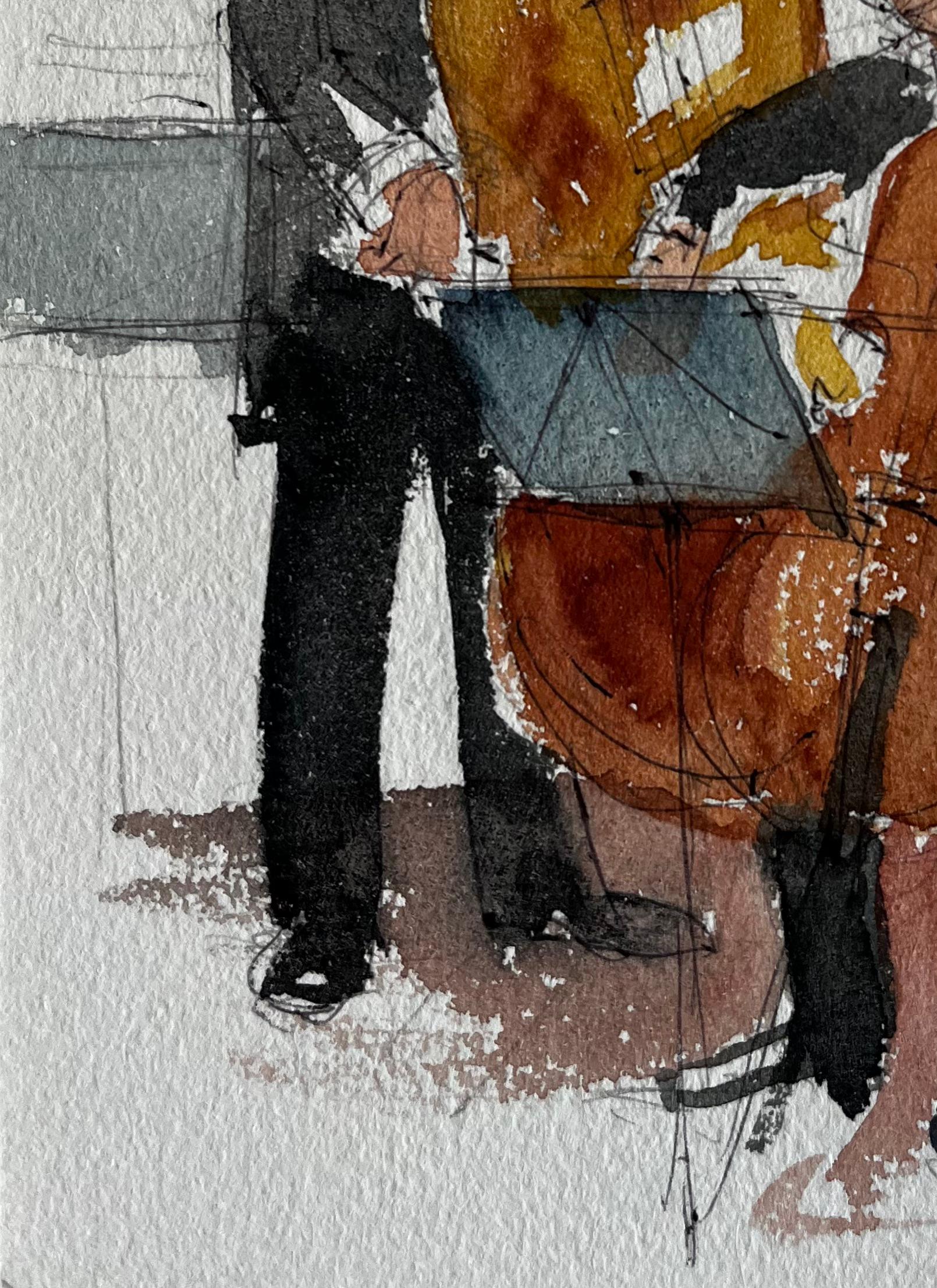 Duetto di musicisti di contrabbasso e violoncello che si esibiscono in una pittura ad acquerello in vendita 1