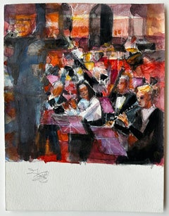 Vibrante Escena de Actuación de Orquesta de Pierre Neveu Pintura francesa a la acuarela