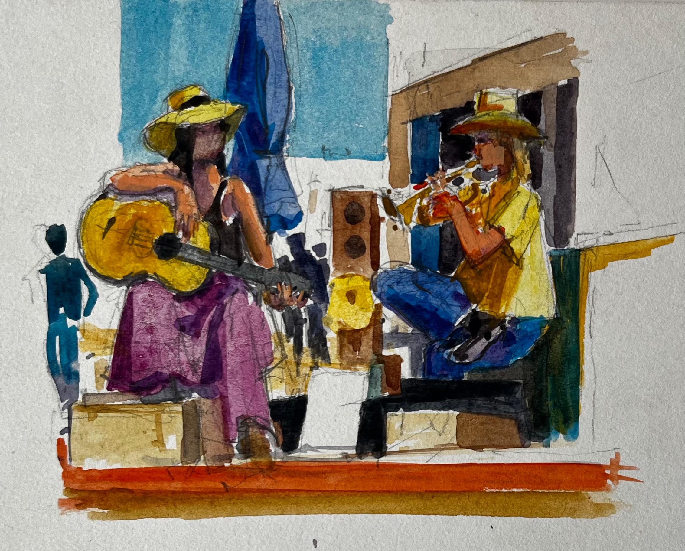 Musicisti di strada che si esibiscono in estate Pittura ad acquerello francese